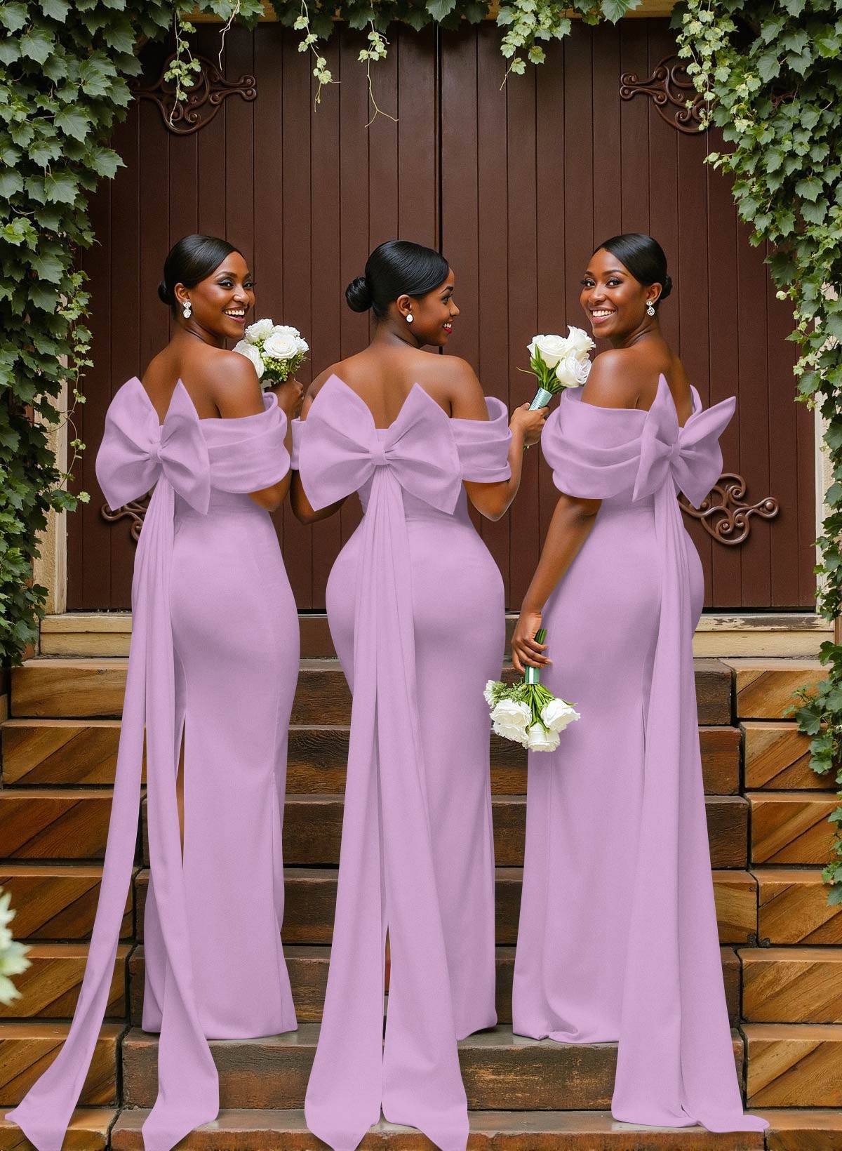 Sheath/Column Off-The-Shoulder Sleeveless Floor-Length Elastic Satin Bridesmaid Dresses With Bow/Pleated, product image 41