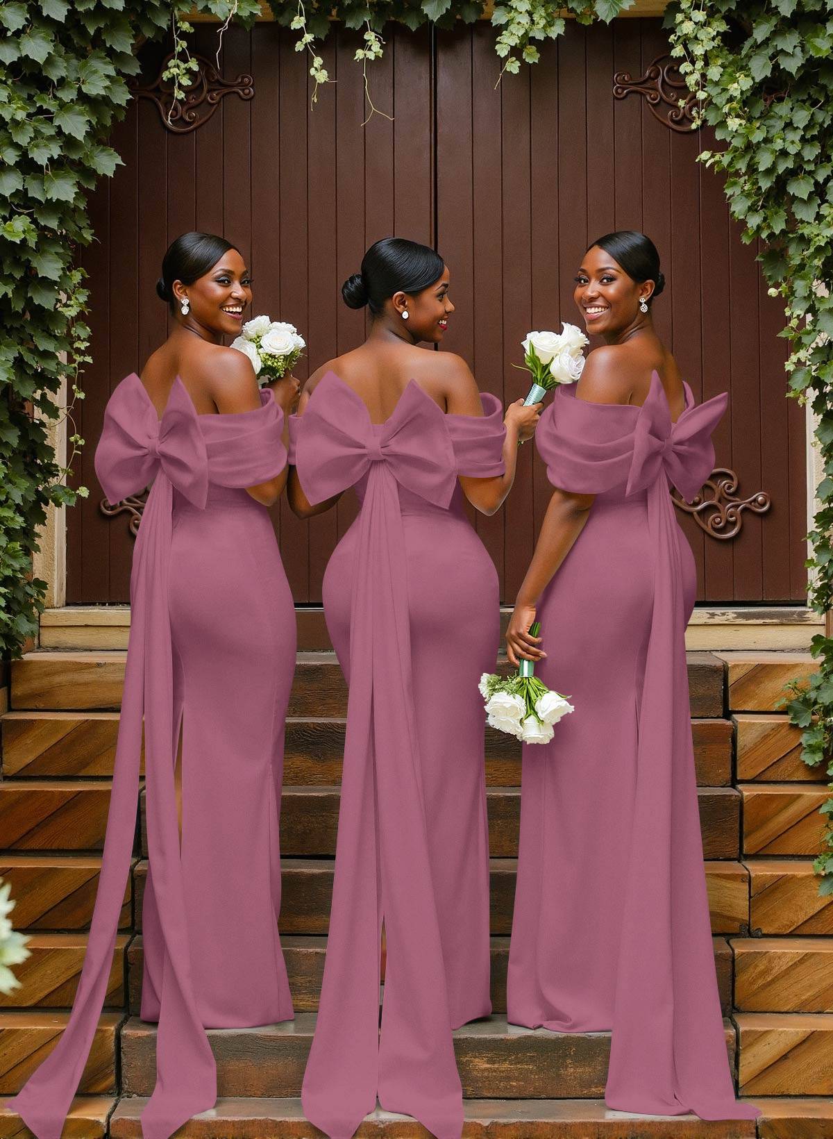 Sheath/Column Off-The-Shoulder Sleeveless Floor-Length Elastic Satin Bridesmaid Dresses With Bow/Pleated, product image 71