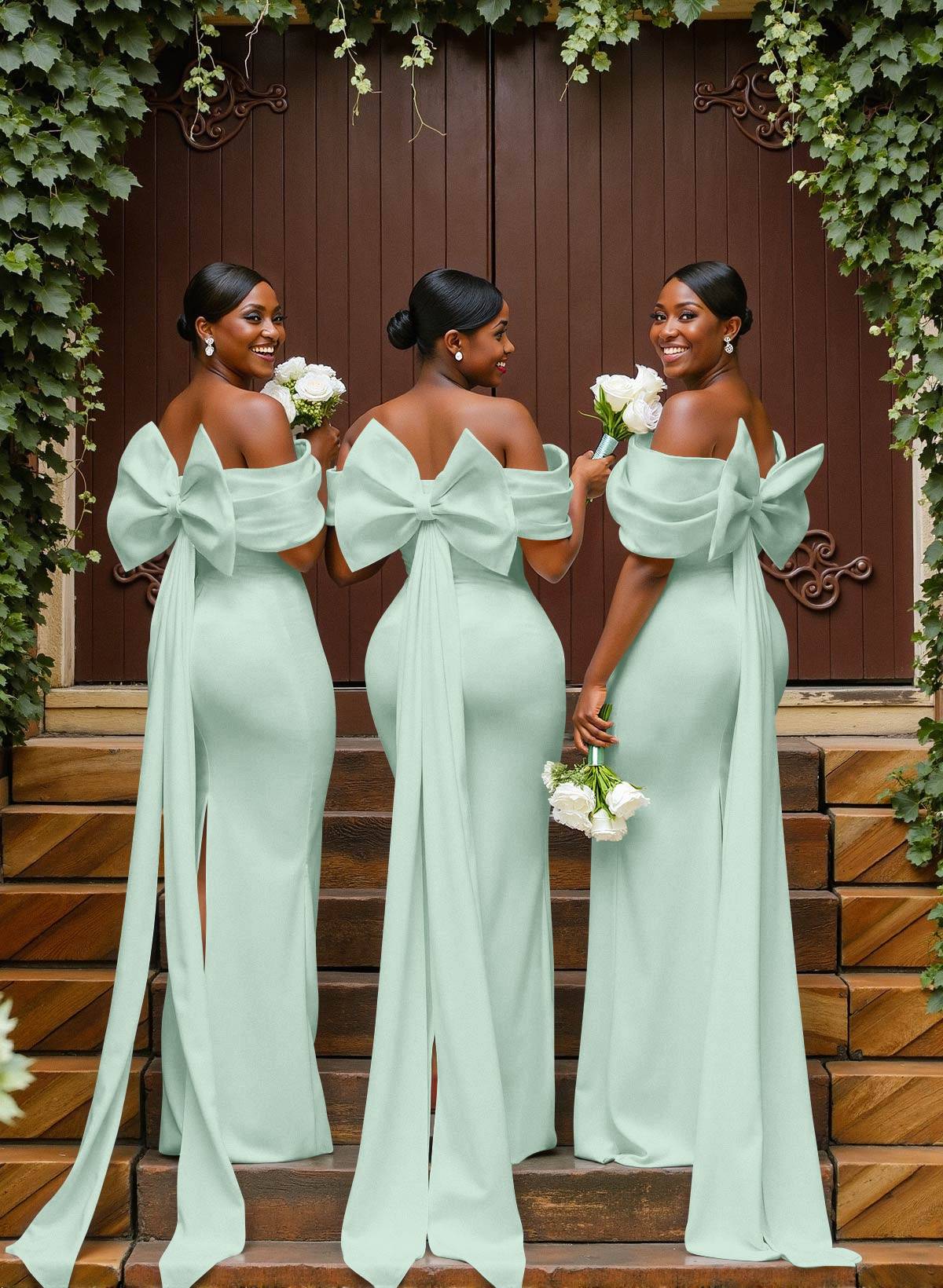 Sheath/Column Off-The-Shoulder Sleeveless Floor-Length Elastic Satin Bridesmaid Dresses With Bow/Pleated, product image 93