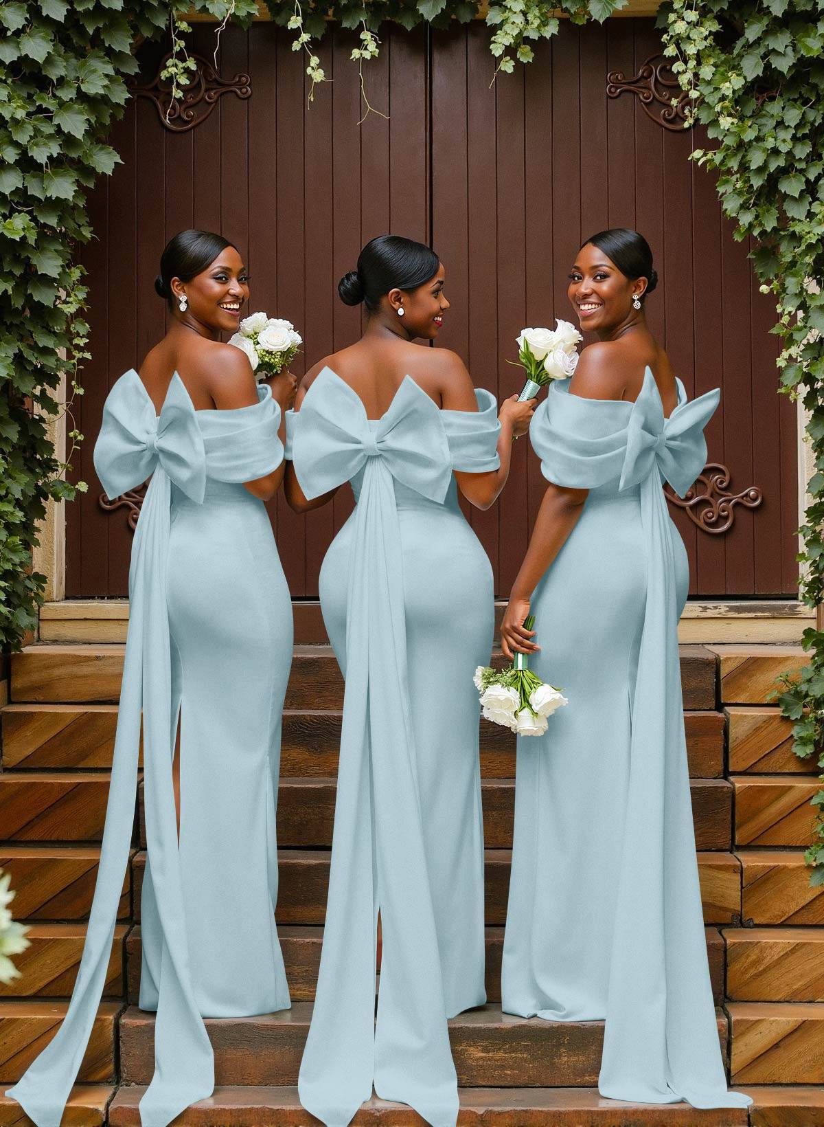 Sheath/Column Off-The-Shoulder Sleeveless Floor-Length Elastic Satin Bridesmaid Dresses With Bow/Pleated, product image 85