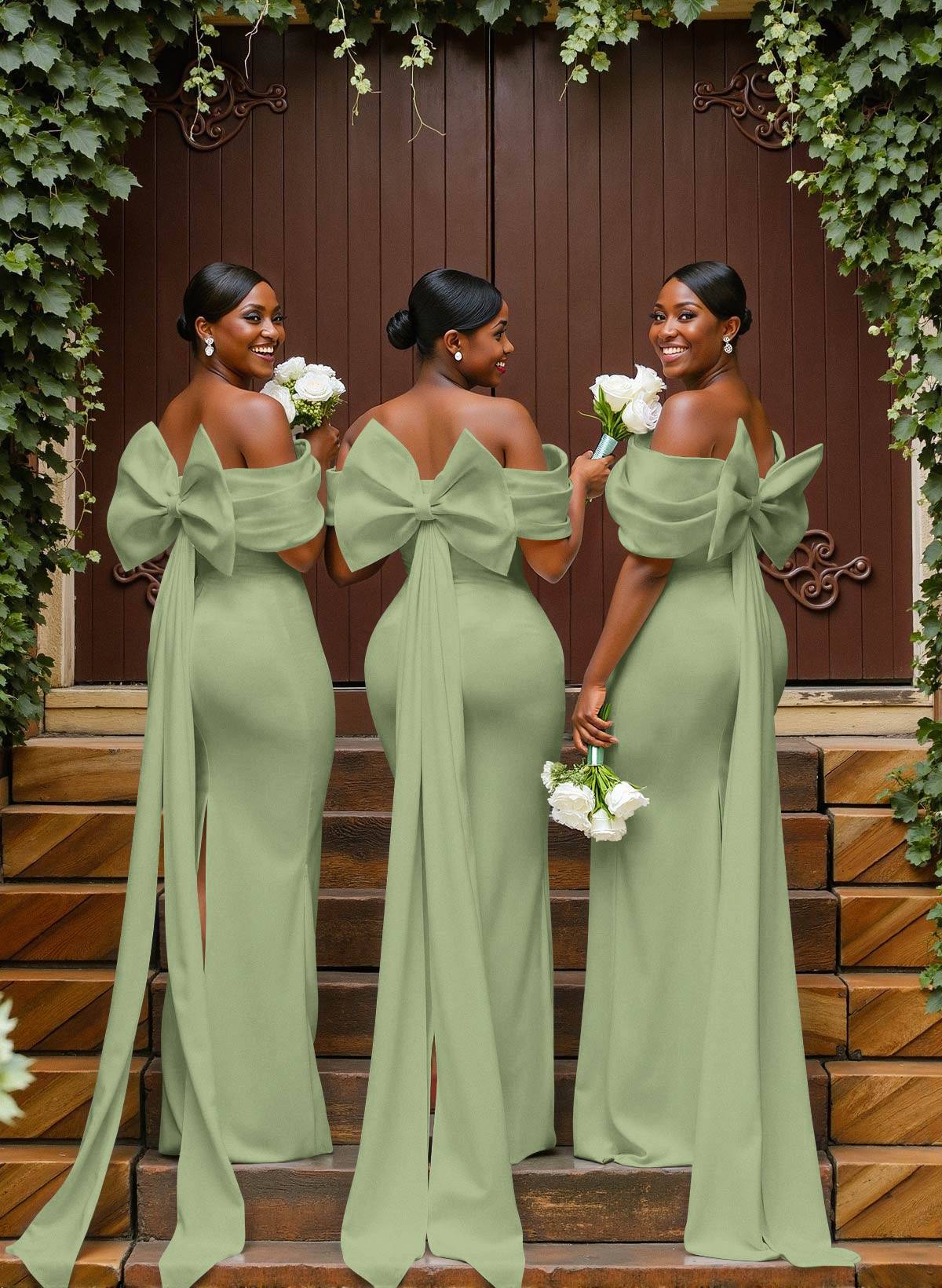 Sheath/Column Off-The-Shoulder Sleeveless Floor-Length Elastic Satin Bridesmaid Dresses With Bow/Pleated, product image 111