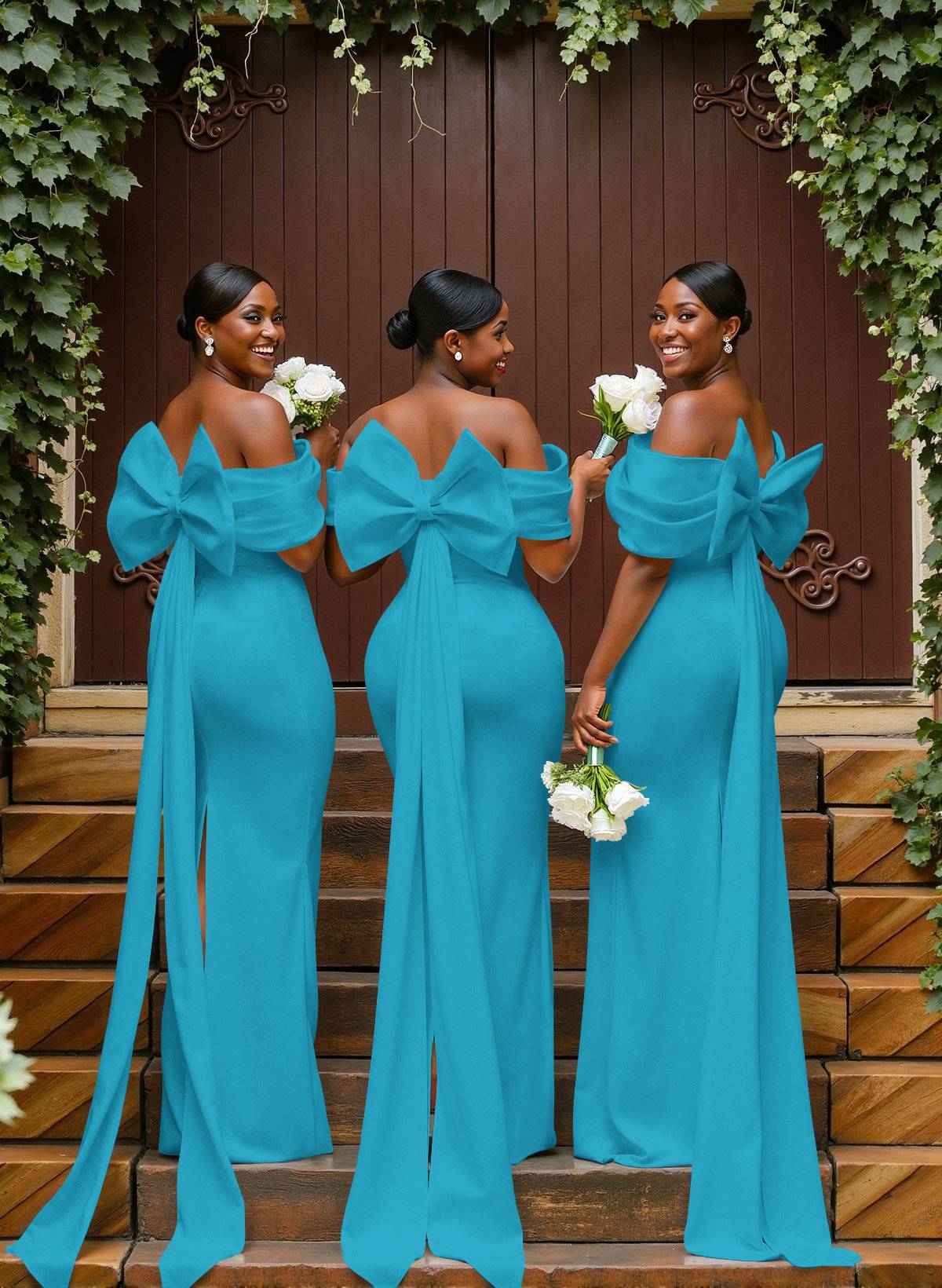 Sheath/Column Off-The-Shoulder Sleeveless Floor-Length Elastic Satin Bridesmaid Dresses With Bow/Pleated, product image 89