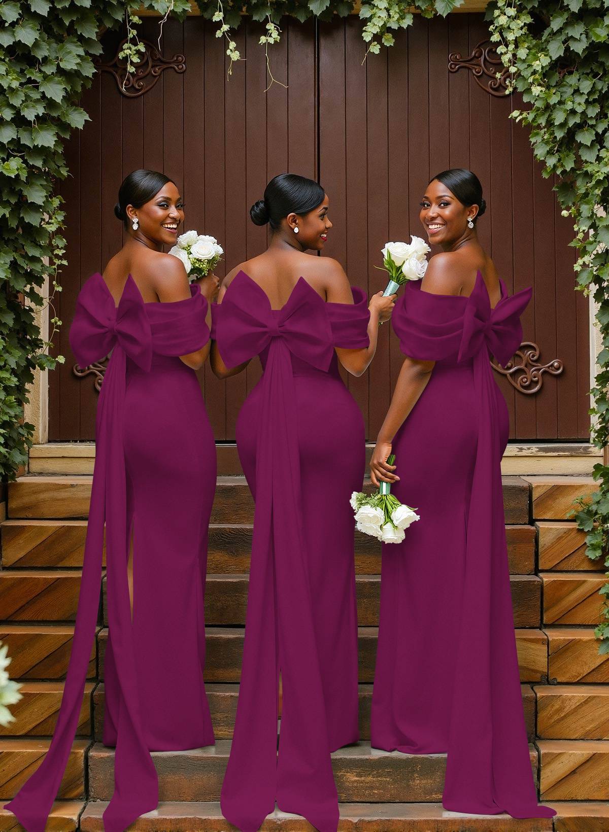 Sheath/Column Off-The-Shoulder Sleeveless Floor-Length Elastic Satin Bridesmaid Dresses With Bow/Pleated, product image 75