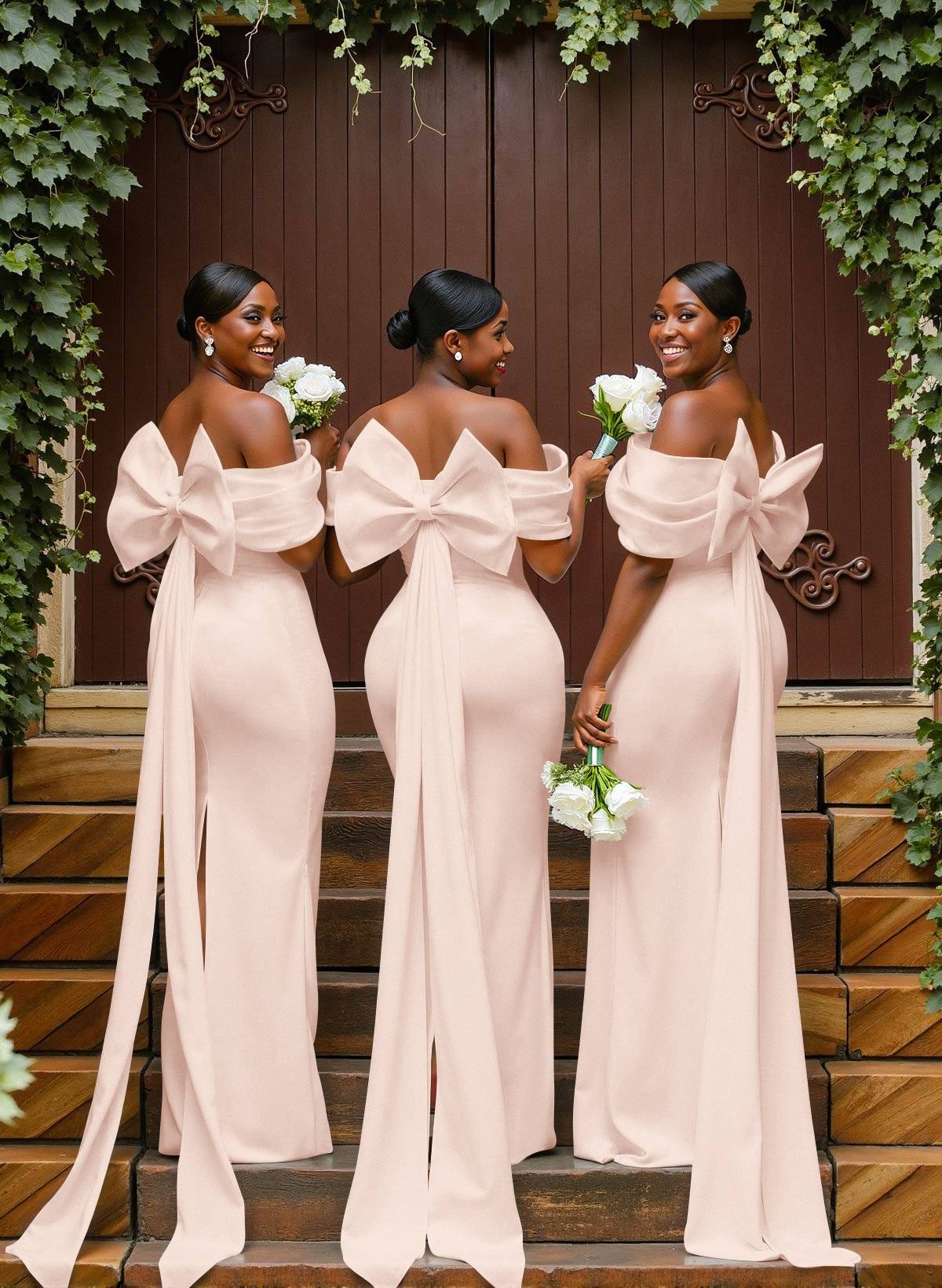 Sheath/Column Off-The-Shoulder Sleeveless Floor-Length Elastic Satin Bridesmaid Dresses With Bow/Pleated, product image 43