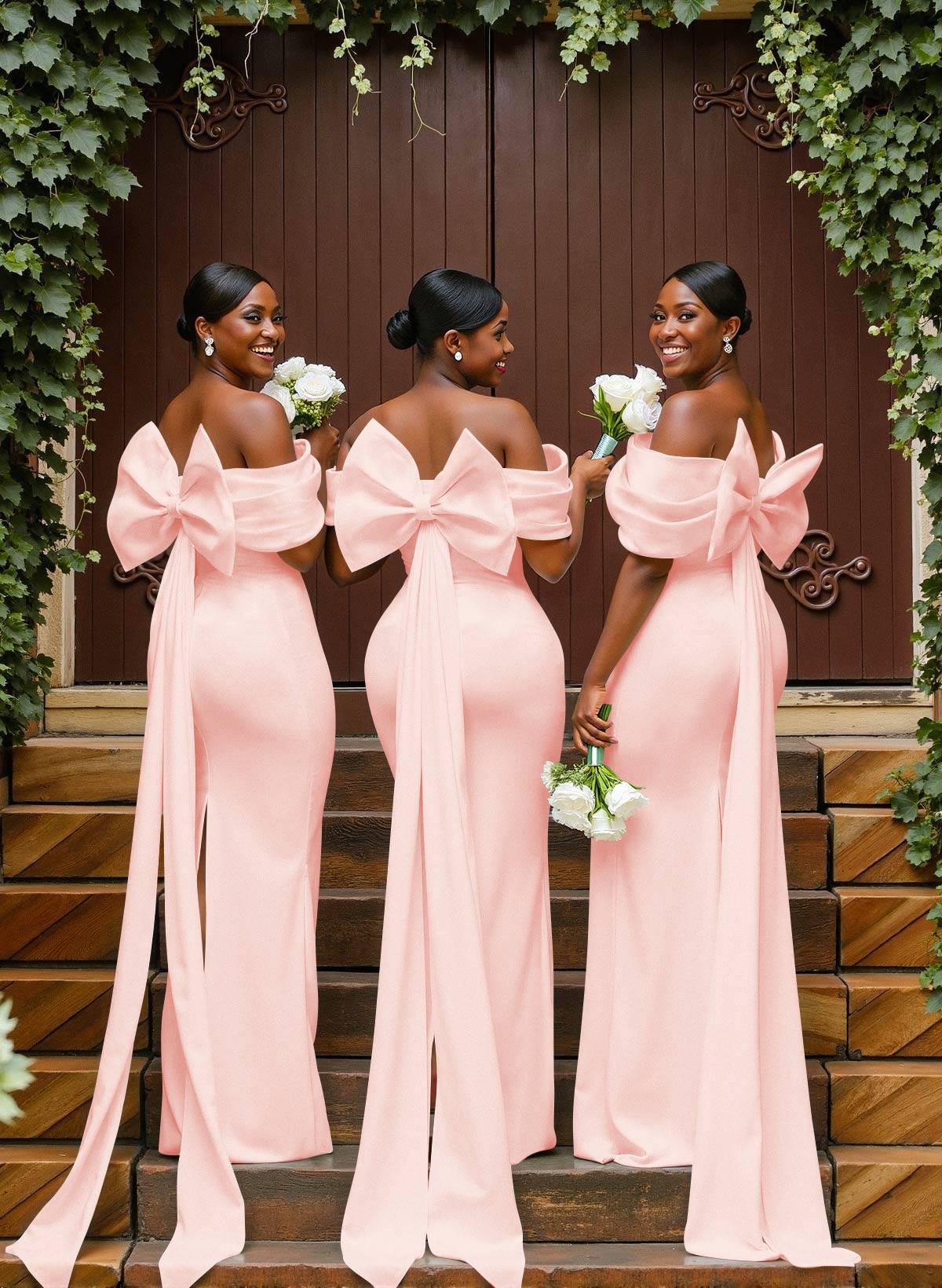 Sheath/Column Off-The-Shoulder Sleeveless Floor-Length Elastic Satin Bridesmaid Dresses With Bow/Pleated, product image 69