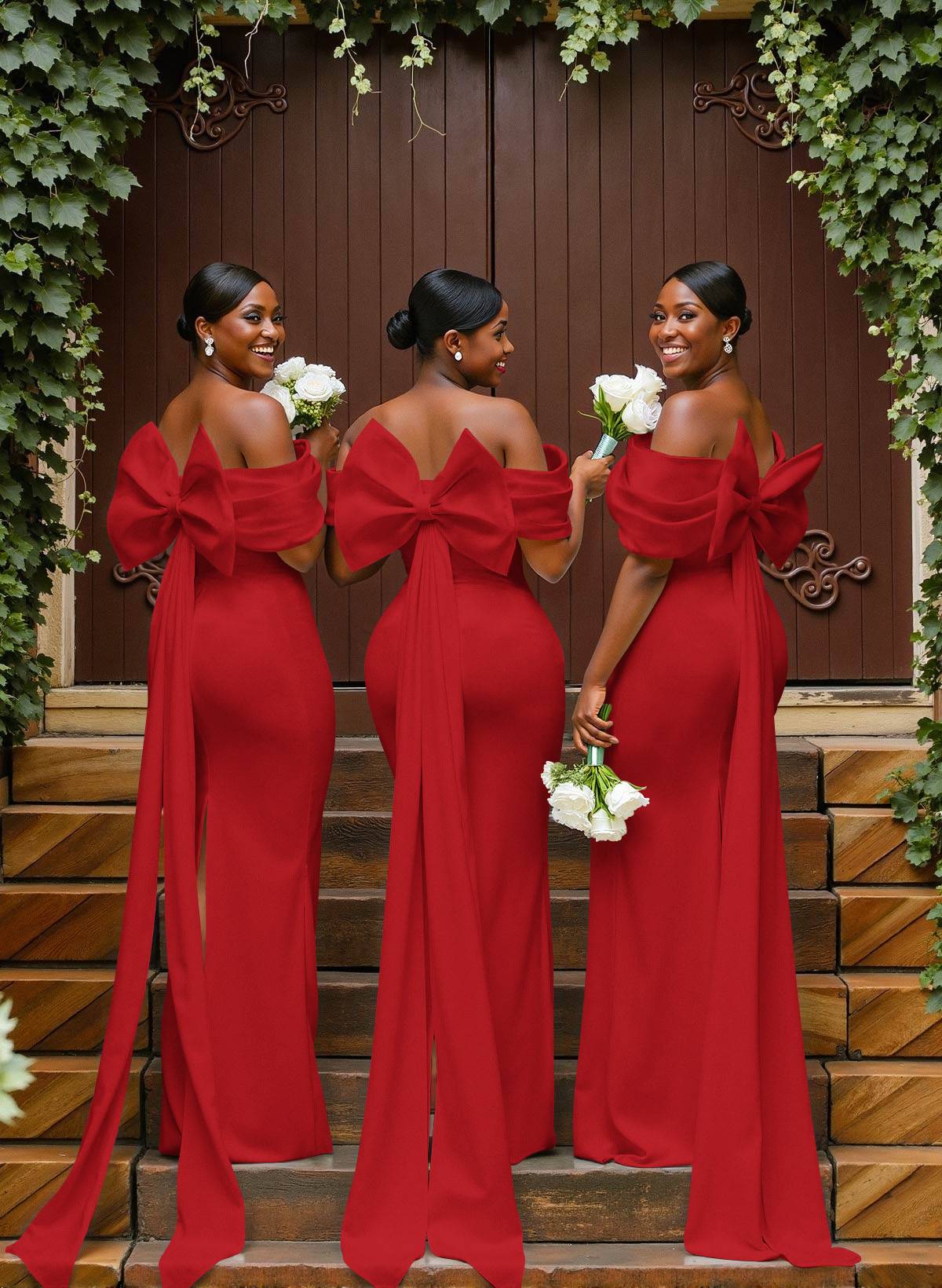 Sheath/Column Off-The-Shoulder Sleeveless Floor-Length Elastic Satin Bridesmaid Dresses With Bow/Pleated, product image 7