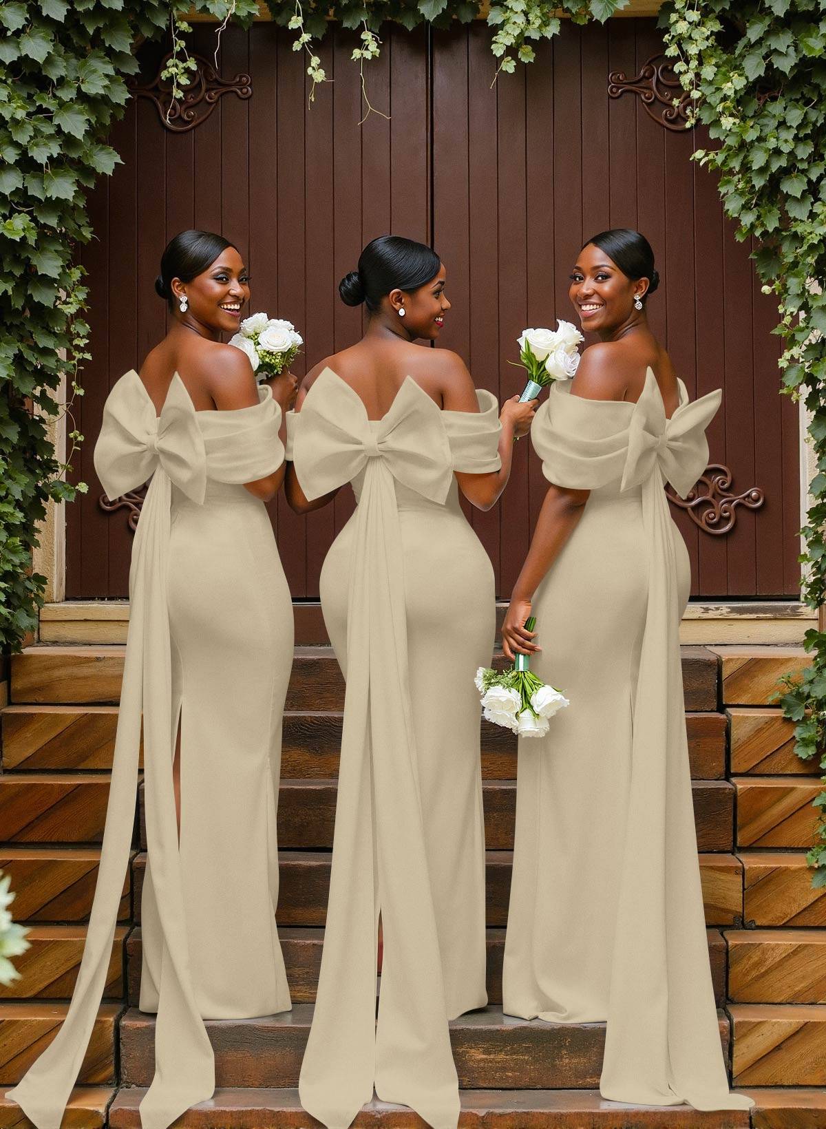 Sheath/Column Off-The-Shoulder Sleeveless Floor-Length Elastic Satin Bridesmaid Dresses With Bow/Pleated, product image 103