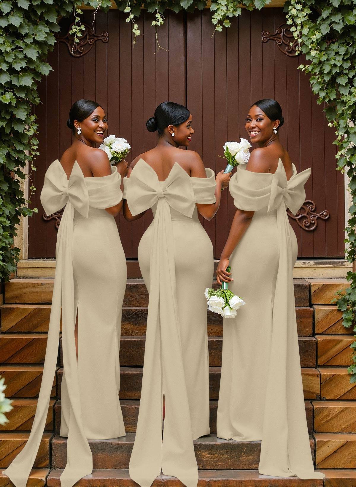 Sheath/Column Off-The-Shoulder Sleeveless Floor-Length Elastic Satin Bridesmaid Dresses With Bow/Pleated, product image 103