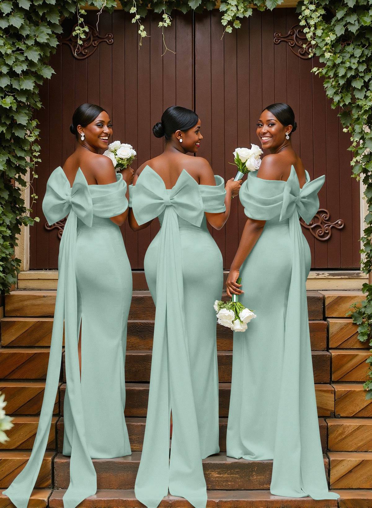 Sheath/Column Off-The-Shoulder Sleeveless Floor-Length Elastic Satin Bridesmaid Dresses With Bow/Pleated, product image 97