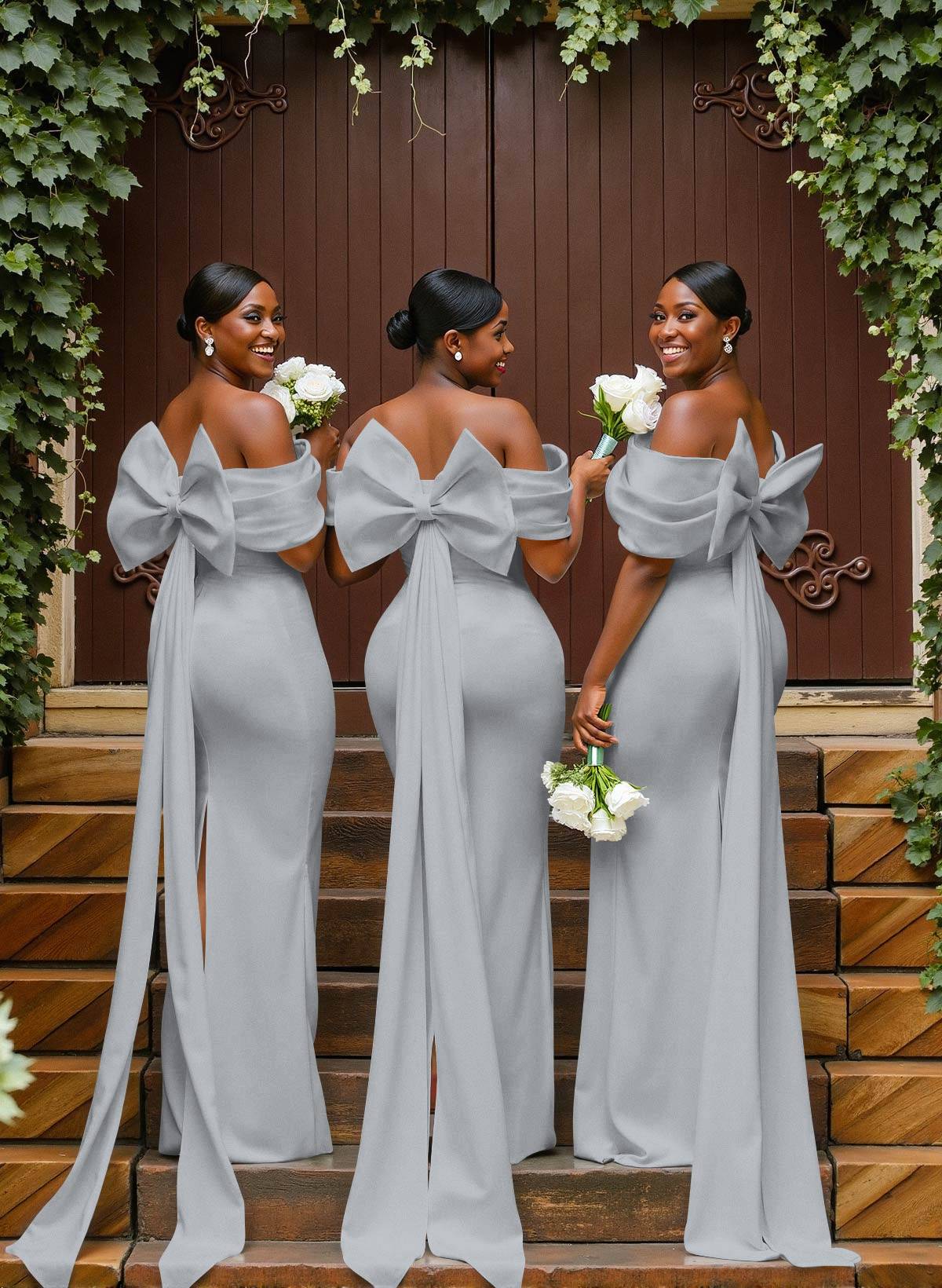 Sheath/Column Off-The-Shoulder Sleeveless Floor-Length Elastic Satin Bridesmaid Dresses With Bow/Pleated, product image 23