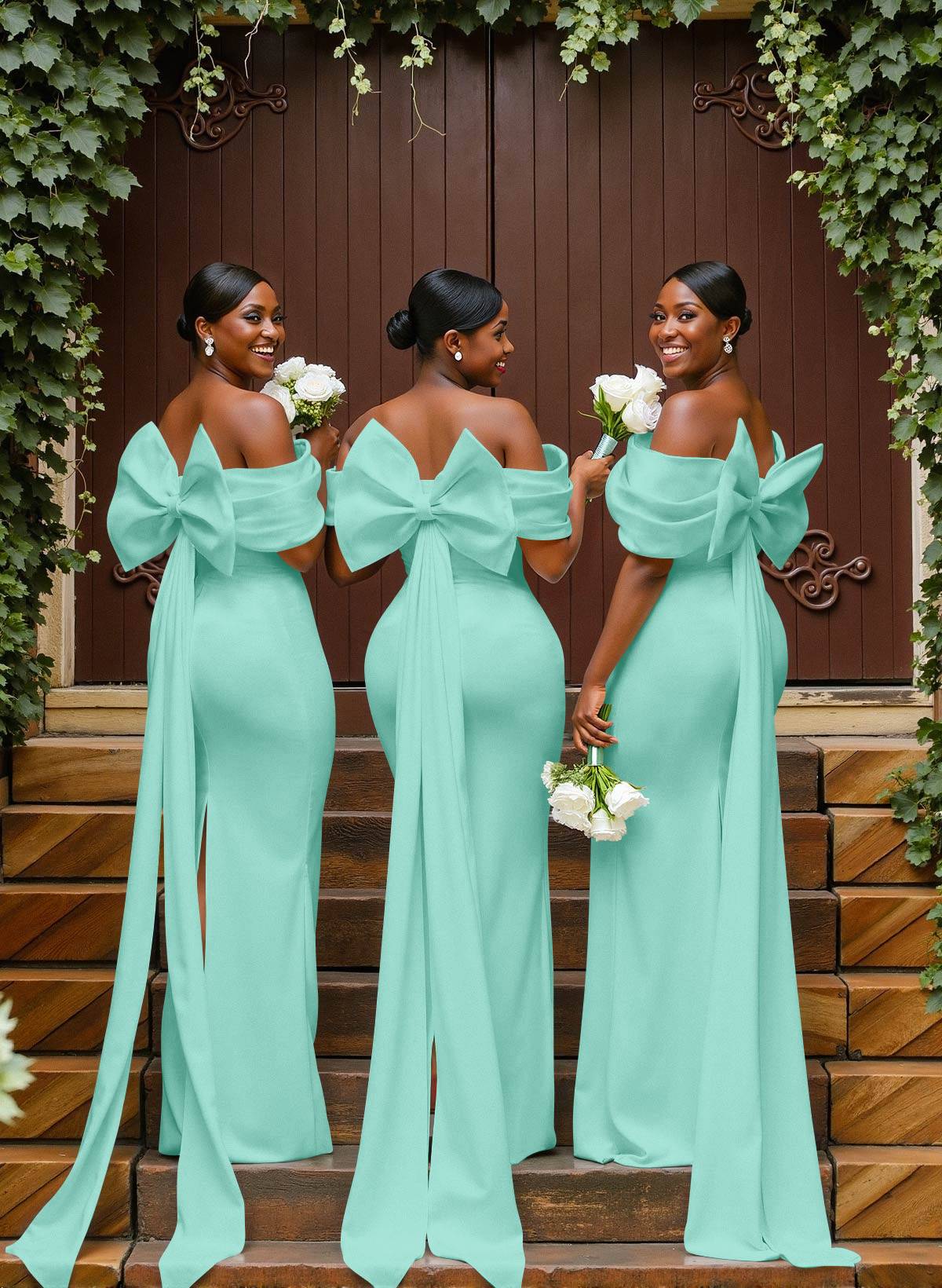 Sheath/Column Off-The-Shoulder Sleeveless Floor-Length Elastic Satin Bridesmaid Dresses With Bow/Pleated, product image 83