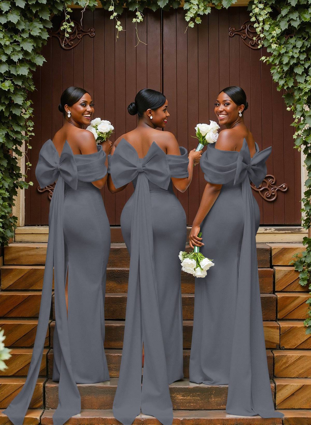 Sheath/Column Off-The-Shoulder Sleeveless Floor-Length Elastic Satin Bridesmaid Dresses With Bow/Pleated, product image 47