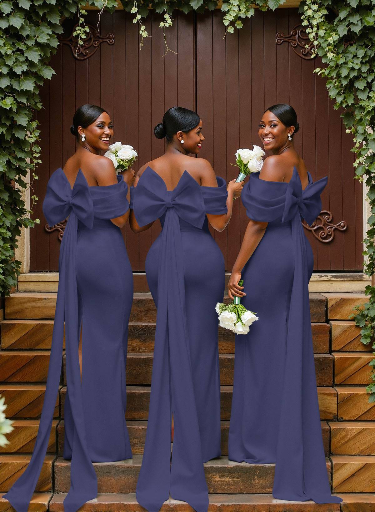 Sheath/Column Off-The-Shoulder Sleeveless Floor-Length Elastic Satin Bridesmaid Dresses With Bow/Pleated, product image 57