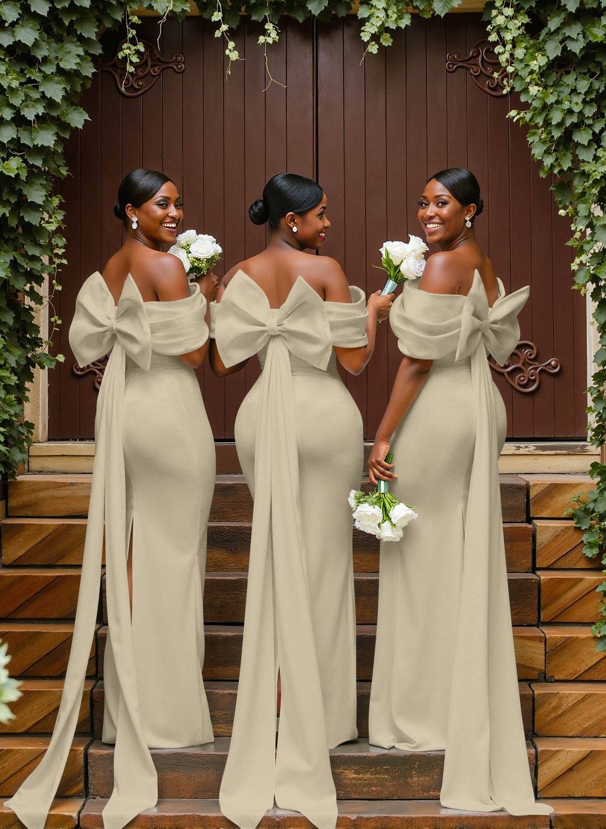 Sheath/Column Off-The-Shoulder Sleeveless Floor-Length Elastic Satin Bridesmaid Dresses With Bow/Pleated, product image 65