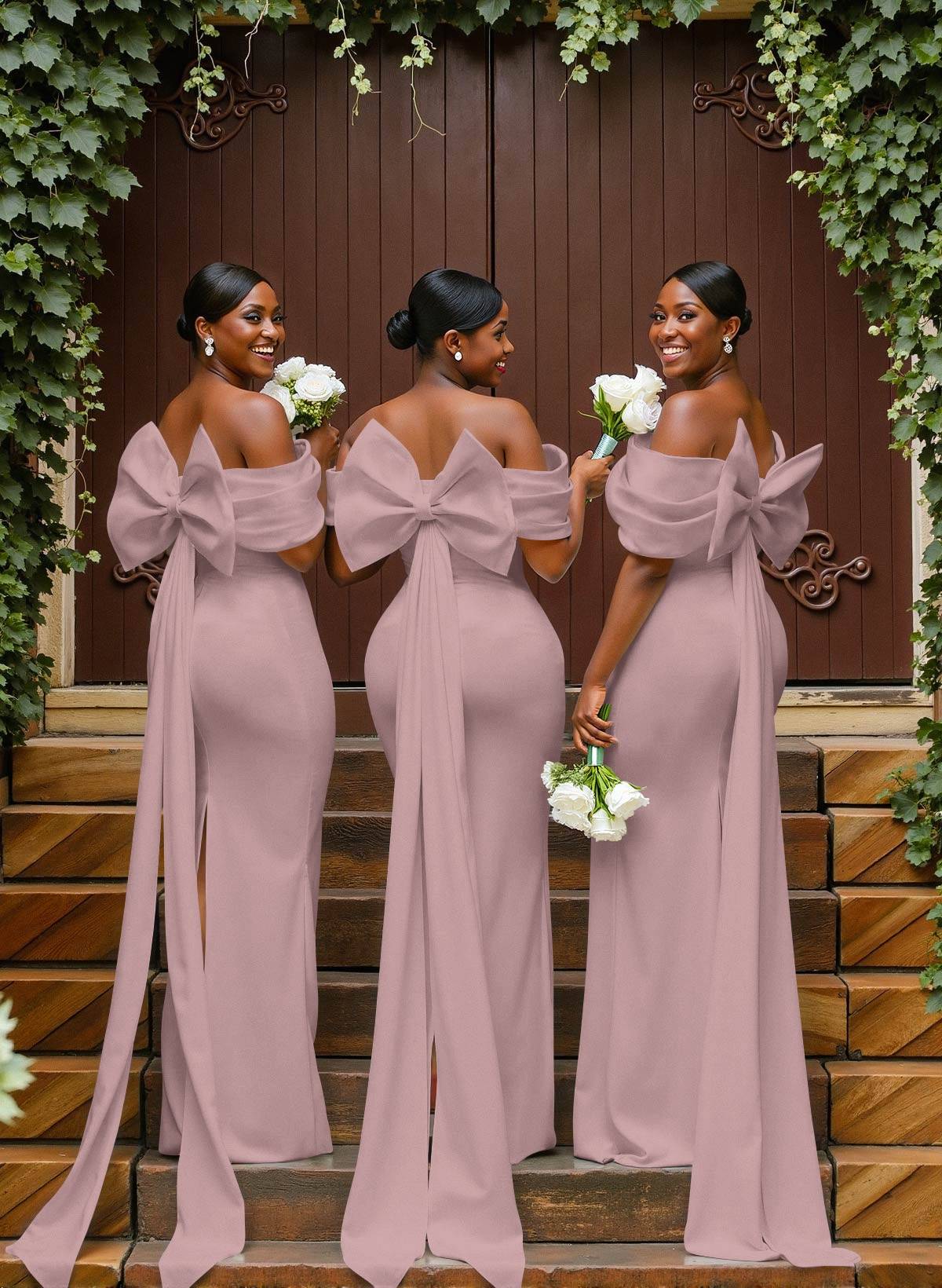 Sheath/Column Off-The-Shoulder Sleeveless Floor-Length Elastic Satin Bridesmaid Dresses With Bow/Pleated, product image 45