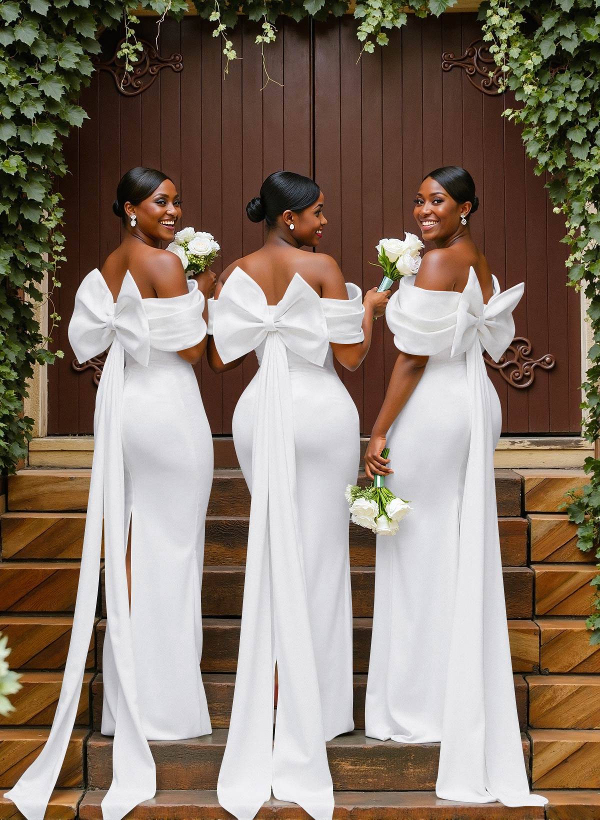 Sheath/Column Off-The-Shoulder Sleeveless Floor-Length Elastic Satin Bridesmaid Dresses With Bow/Pleated, product image 1