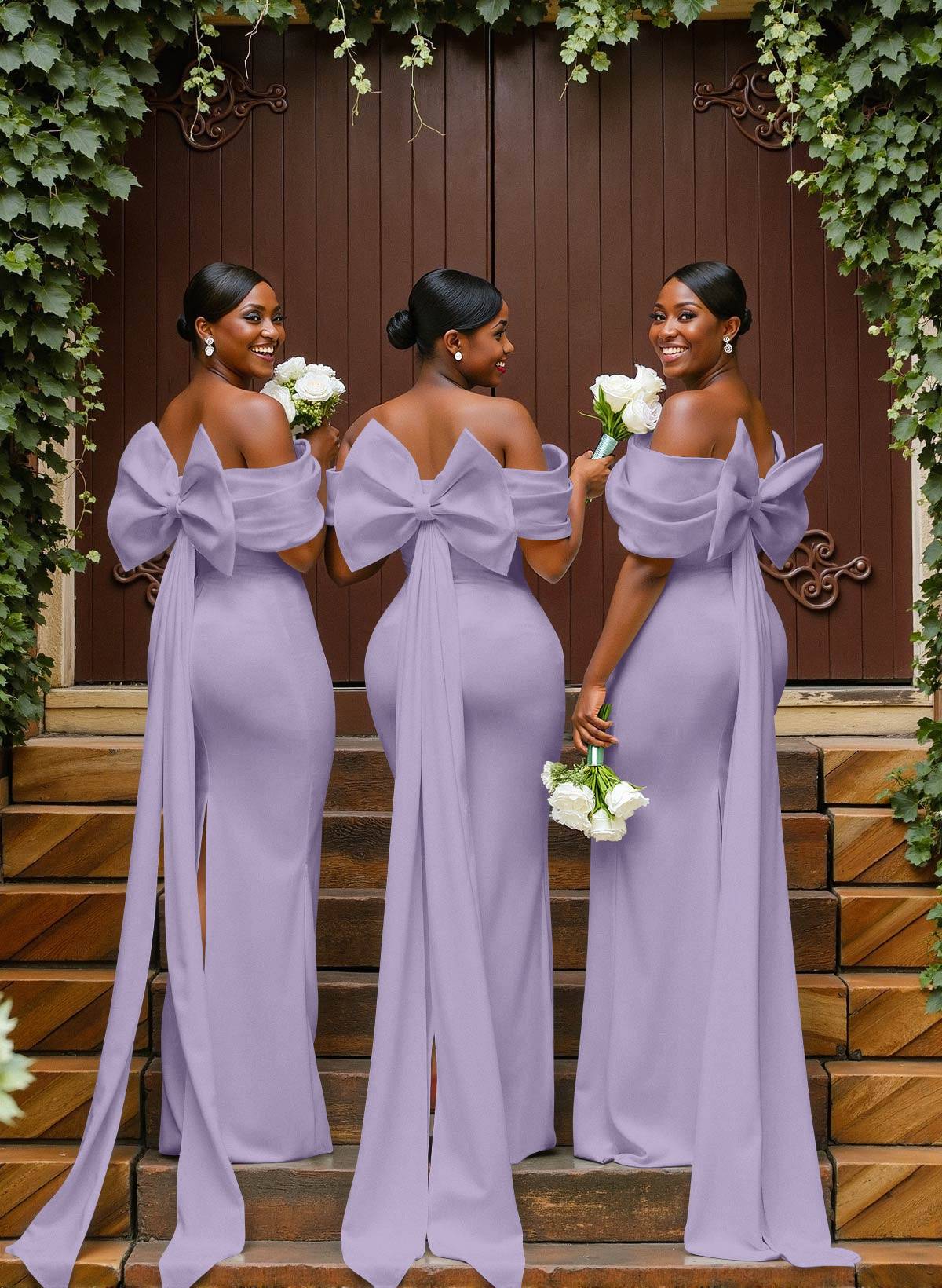 Sheath/Column Off-The-Shoulder Sleeveless Floor-Length Elastic Satin Bridesmaid Dresses With Bow/Pleated, product image 39