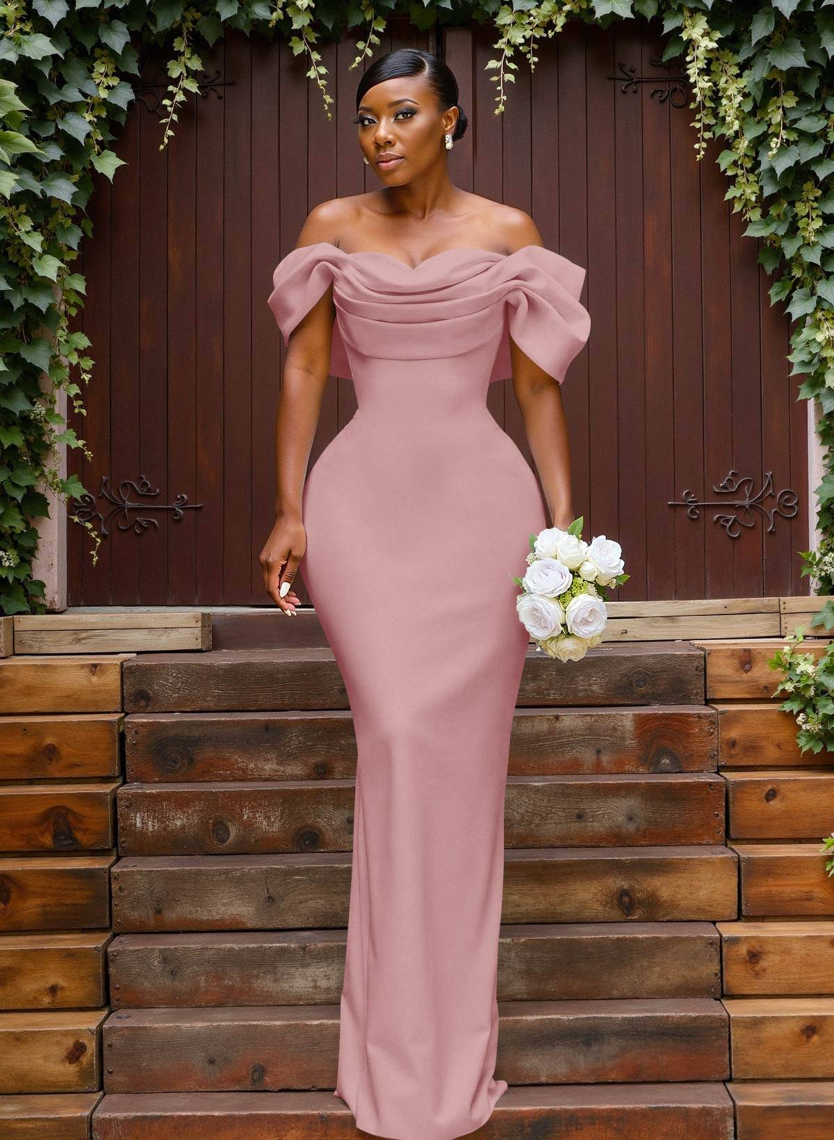 Sheath/Column Off-The-Shoulder Sleeveless Floor-Length Elastic Satin Bridesmaid Dresses With Bow/Pleated, product image 32
