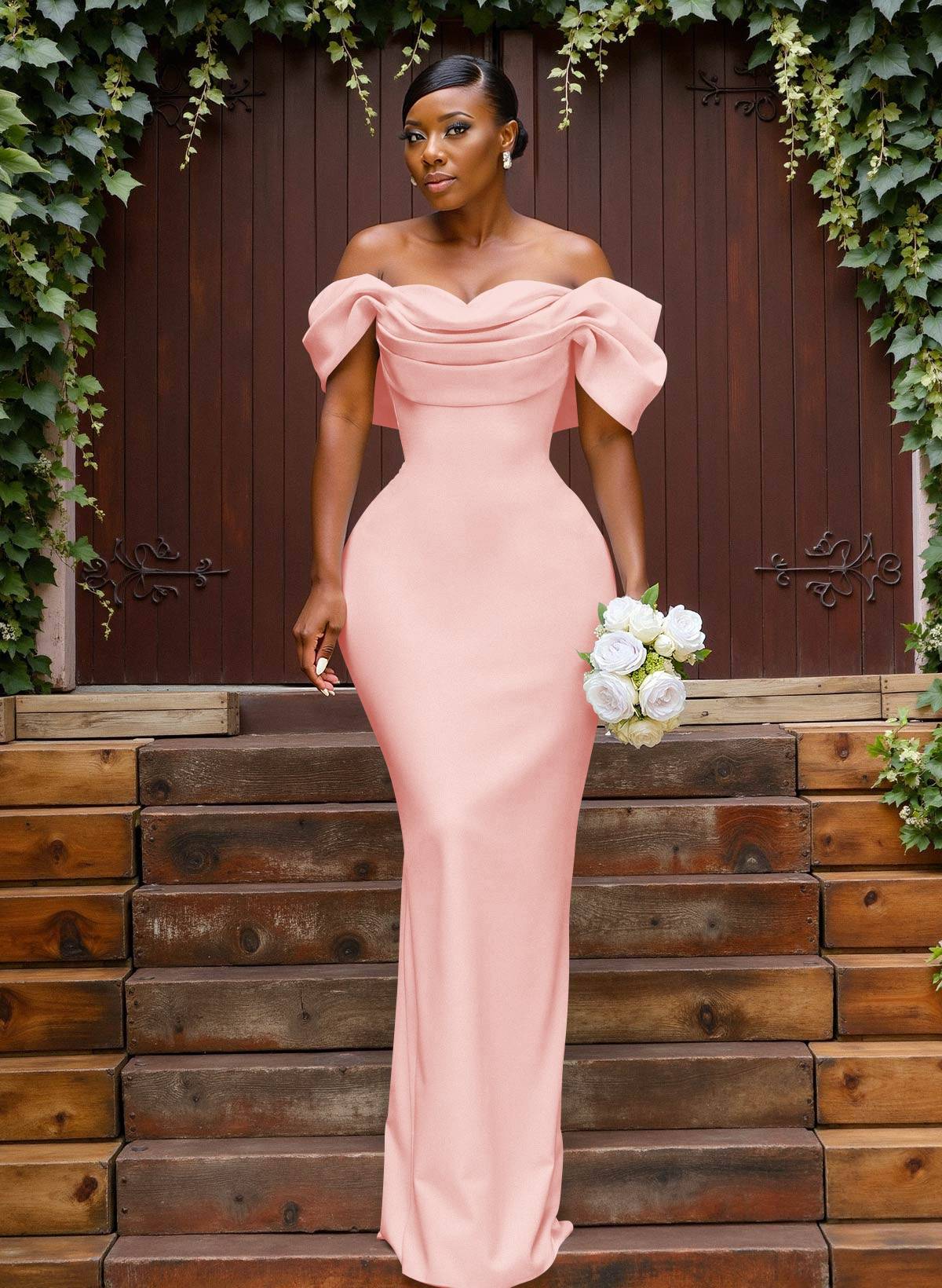 Sheath/Column Off-The-Shoulder Sleeveless Floor-Length Elastic Satin Bridesmaid Dresses With Bow/Pleated, product image 26