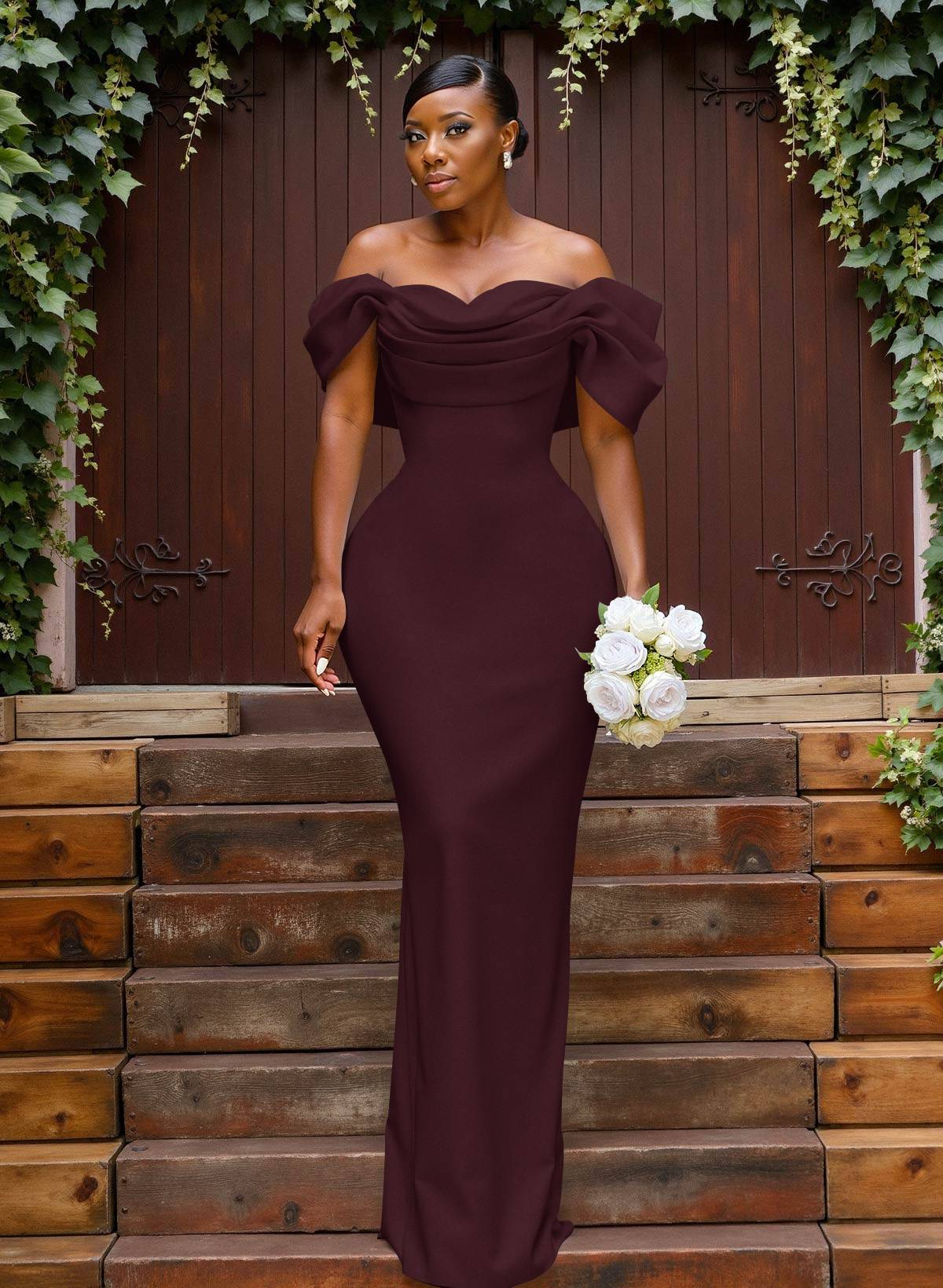 Sheath/Column Off-The-Shoulder Sleeveless Floor-Length Elastic Satin Bridesmaid Dresses With Bow/Pleated, product image 34