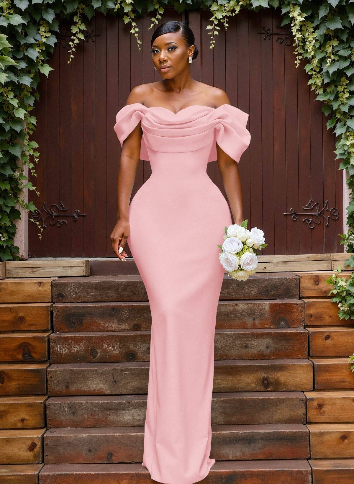 Sheath/Column Off-The-Shoulder Sleeveless Floor-Length Elastic Satin Bridesmaid Dresses With Bow/Pleated, product image 82