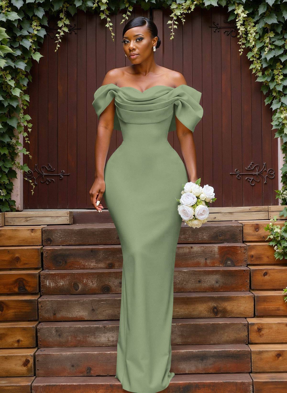 Sheath/Column Off-The-Shoulder Sleeveless Floor-Length Elastic Satin Bridesmaid Dresses With Bow/Pleated, product image 36