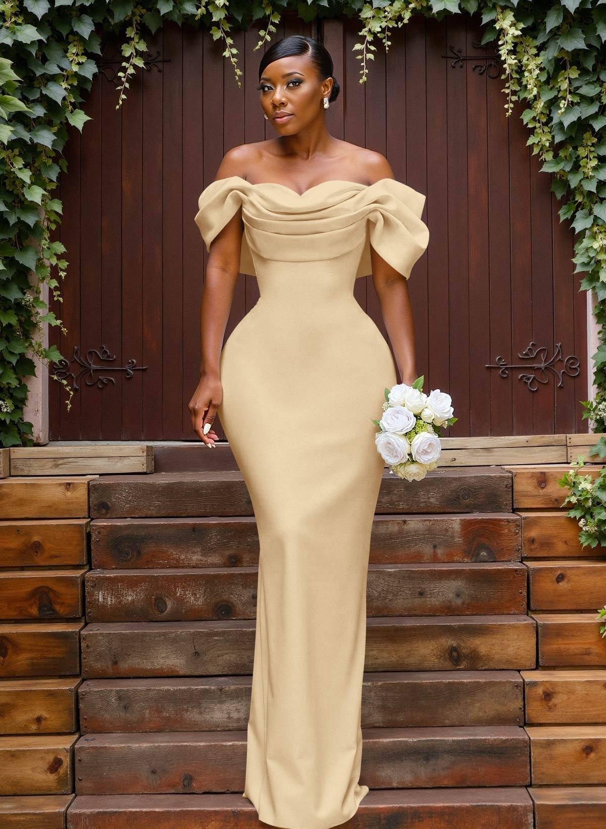 Sheath/Column Off-The-Shoulder Sleeveless Floor-Length Elastic Satin Bridesmaid Dresses With Bow/Pleated, product image 20