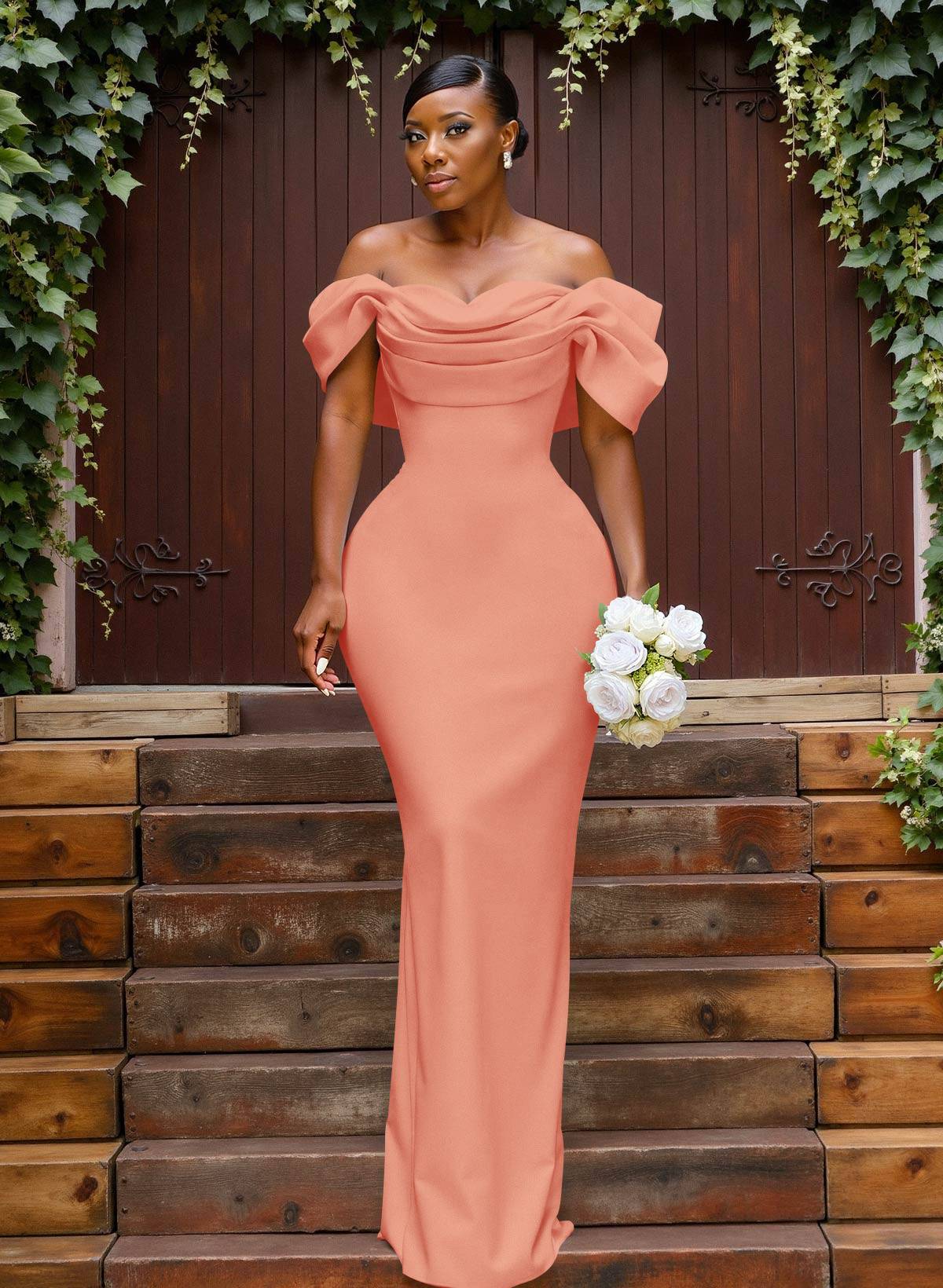 Sheath/Column Off-The-Shoulder Sleeveless Floor-Length Elastic Satin Bridesmaid Dresses With Bow/Pleated, product image 54