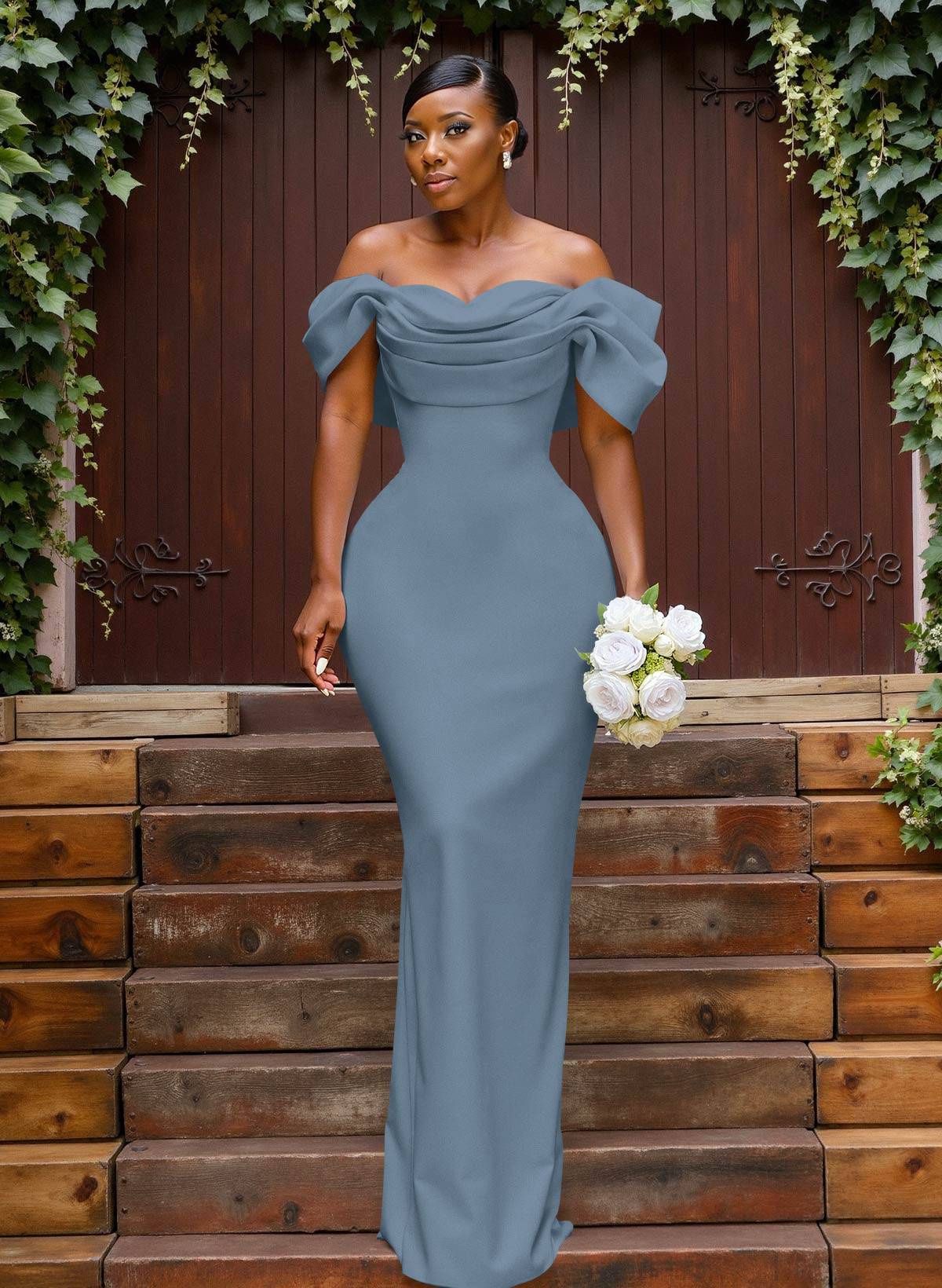 Sheath/Column Off-The-Shoulder Sleeveless Floor-Length Elastic Satin Bridesmaid Dresses With Bow/Pleated, product image 30