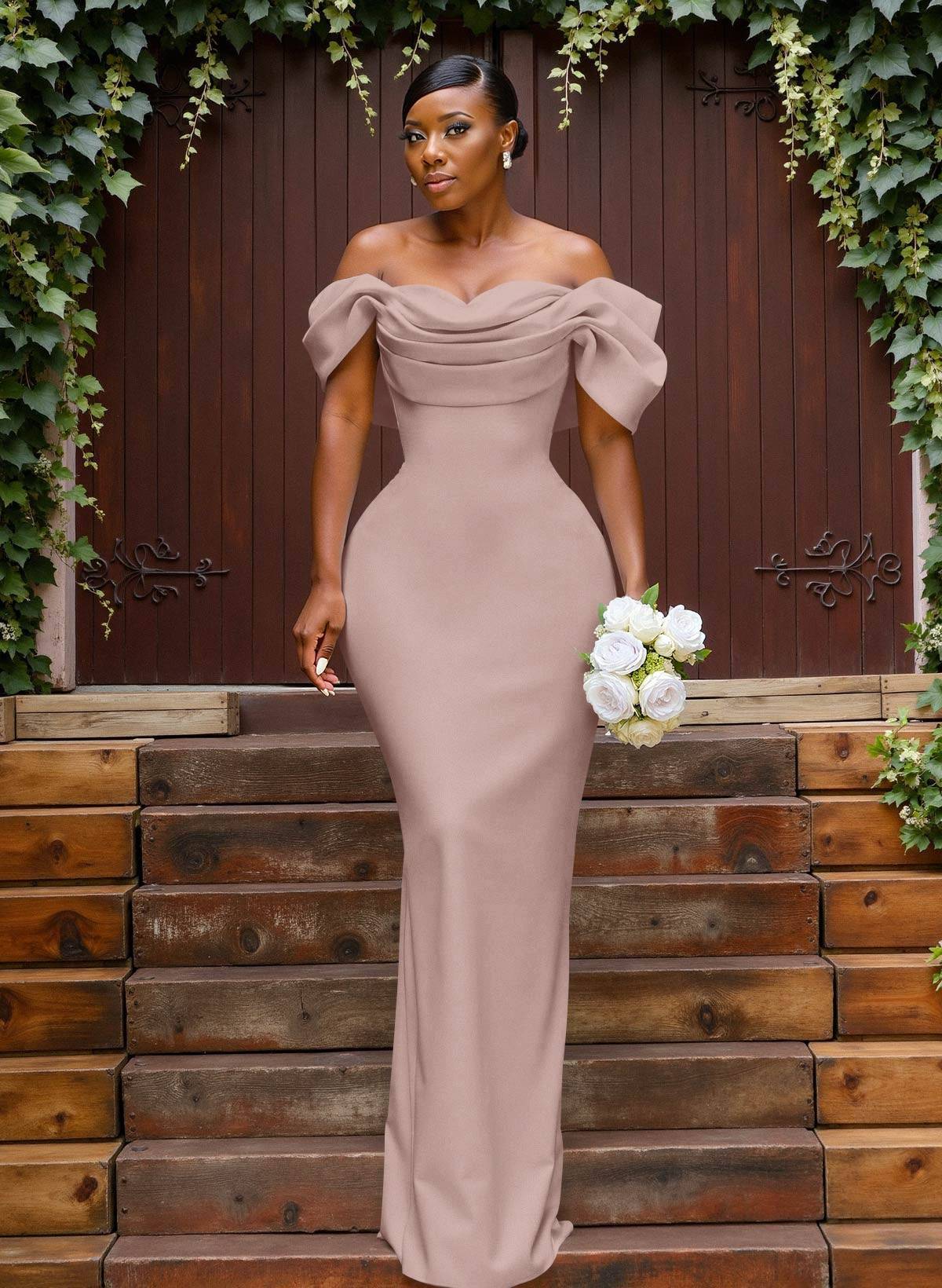 Sheath/Column Off-The-Shoulder Sleeveless Floor-Length Elastic Satin Bridesmaid Dresses With Bow/Pleated, product image 18