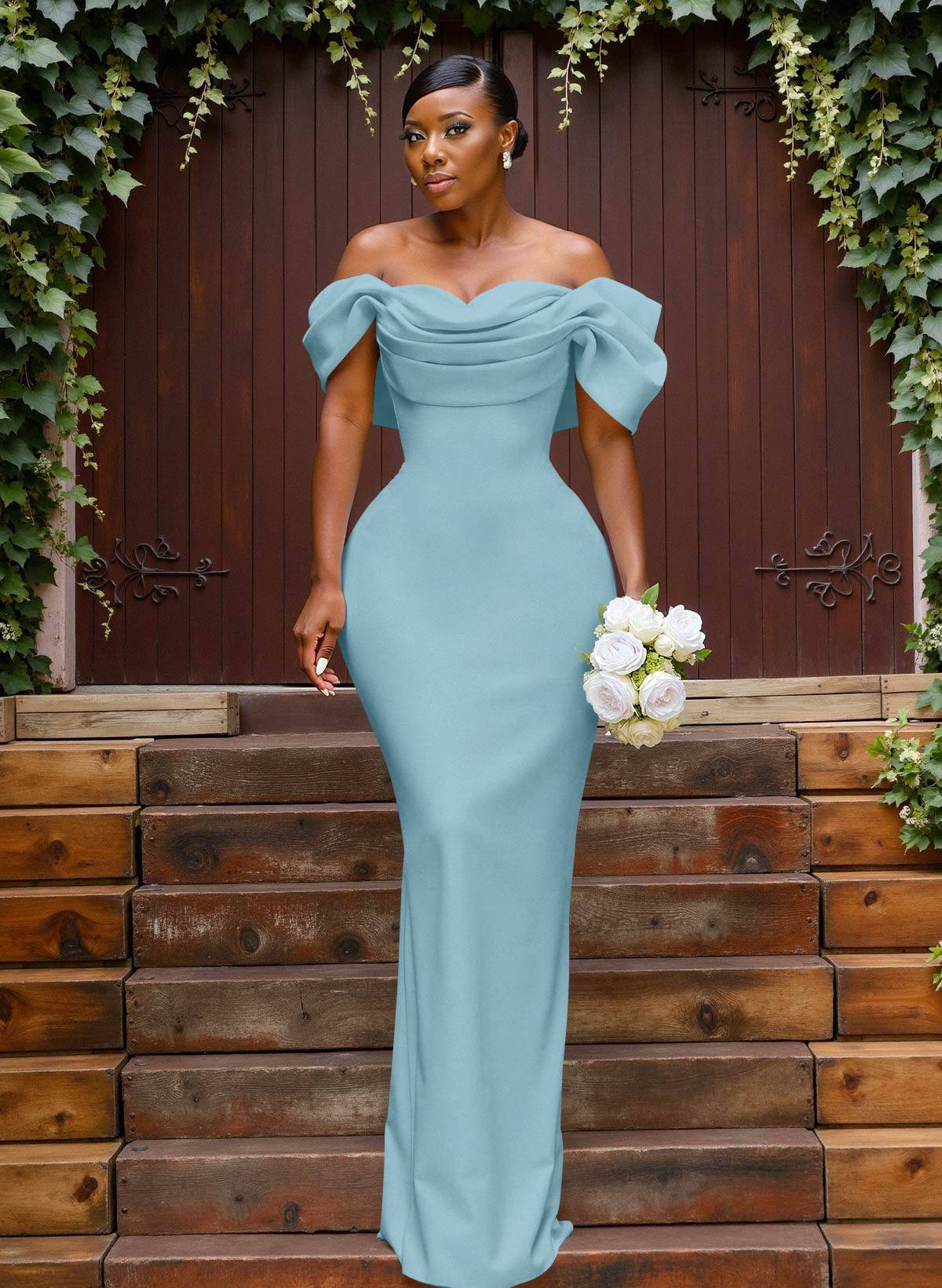 Sheath/Column Off-The-Shoulder Sleeveless Floor-Length Elastic Satin Bridesmaid Dresses With Bow/Pleated, product image 88