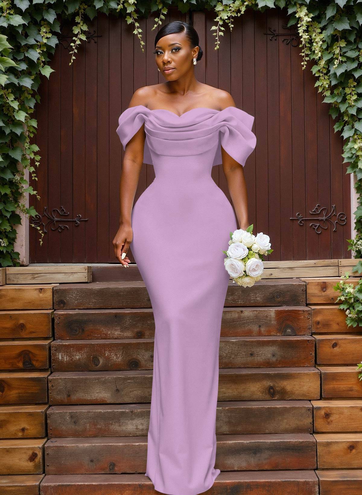 Sheath/Column Off-The-Shoulder Sleeveless Floor-Length Elastic Satin Bridesmaid Dresses With Bow/Pleated, product image 42