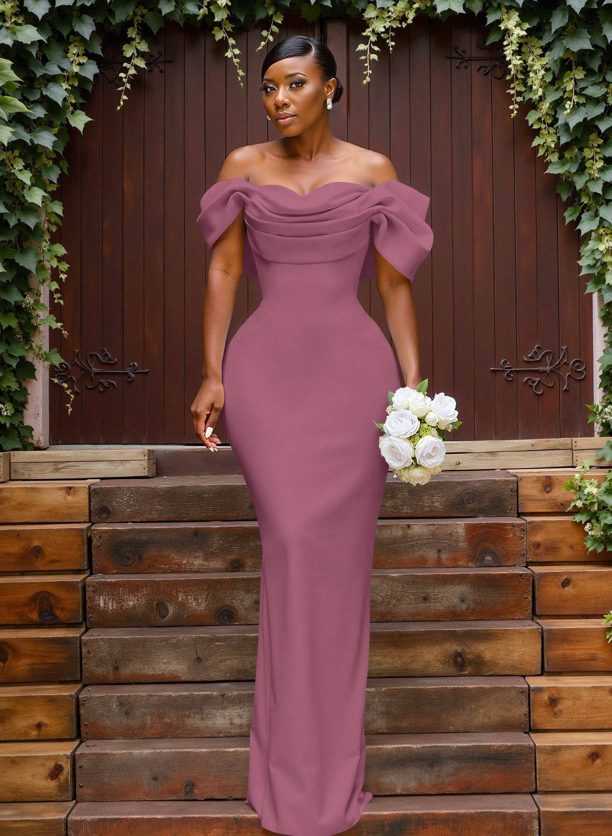 Sheath/Column Off-The-Shoulder Sleeveless Floor-Length Elastic Satin Bridesmaid Dresses With Bow/Pleated, product image 72