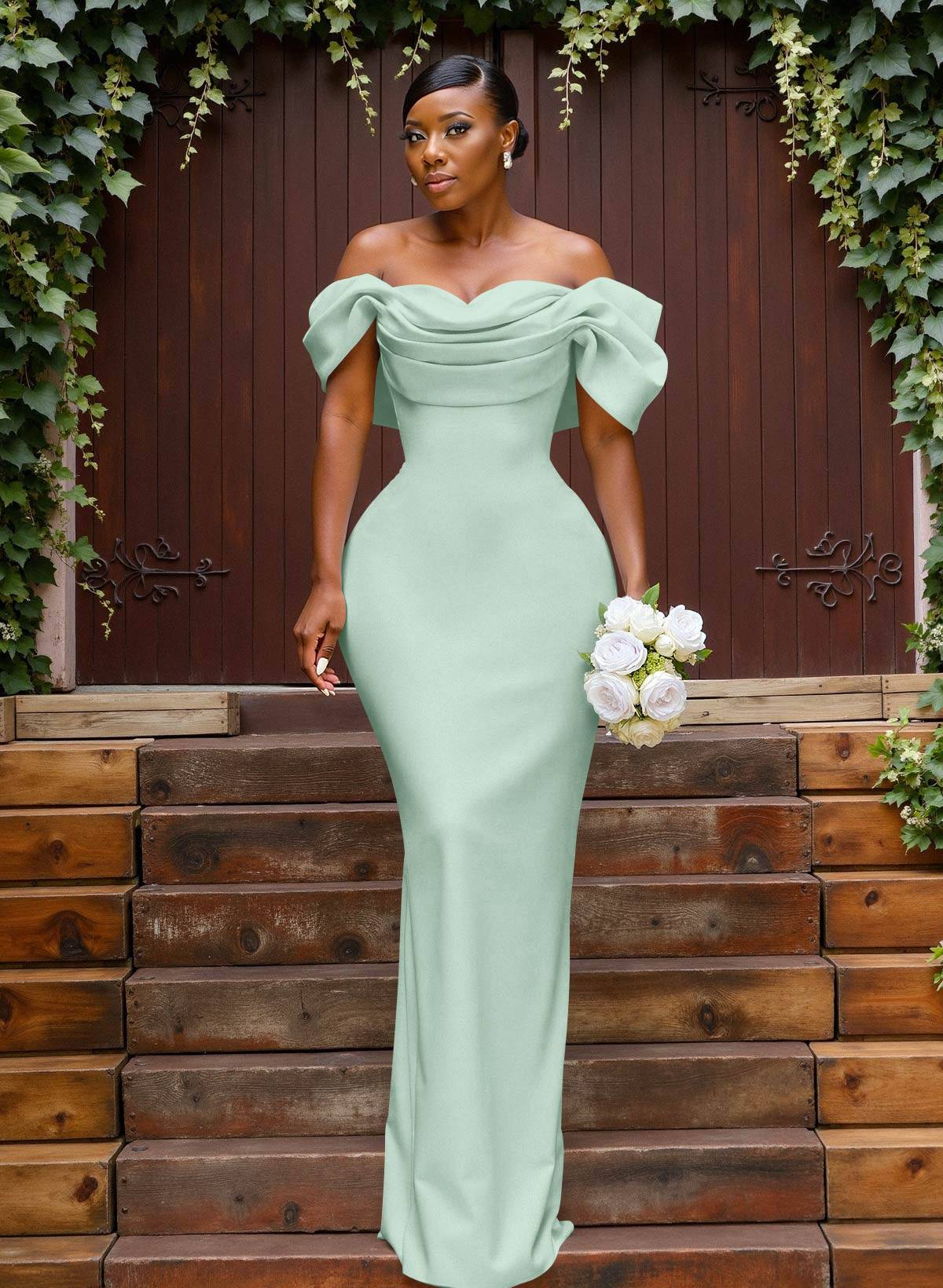 Sheath/Column Off-The-Shoulder Sleeveless Floor-Length Elastic Satin Bridesmaid Dresses With Bow/Pleated, product image 94