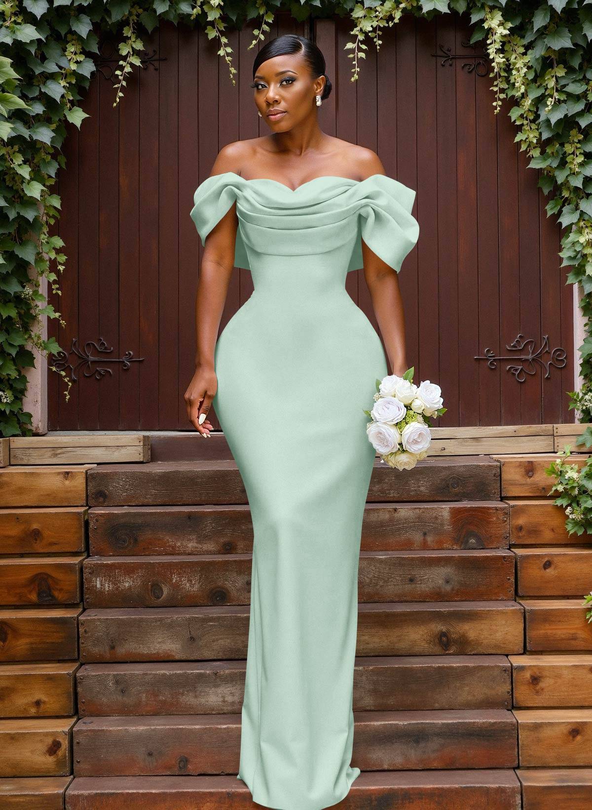 Sheath/Column Off-The-Shoulder Sleeveless Floor-Length Elastic Satin Bridesmaid Dresses With Bow/Pleated, product image 94