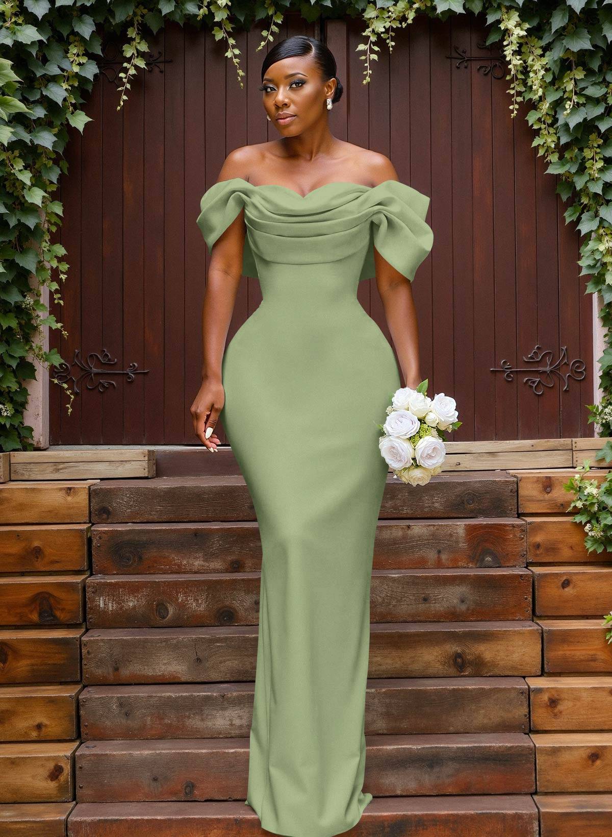 Sheath/Column Off-The-Shoulder Sleeveless Floor-Length Elastic Satin Bridesmaid Dresses With Bow/Pleated, product image 112