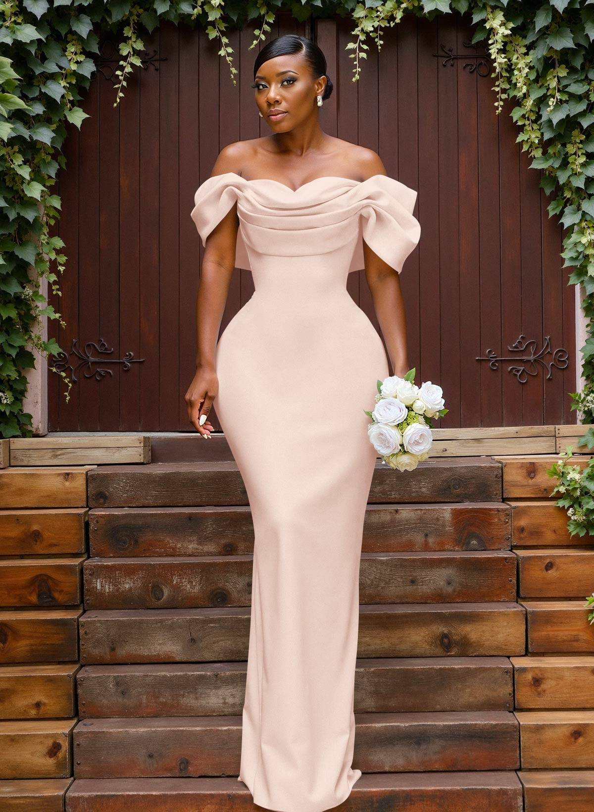 Sheath/Column Off-The-Shoulder Sleeveless Floor-Length Elastic Satin Bridesmaid Dresses With Bow/Pleated, product image 44