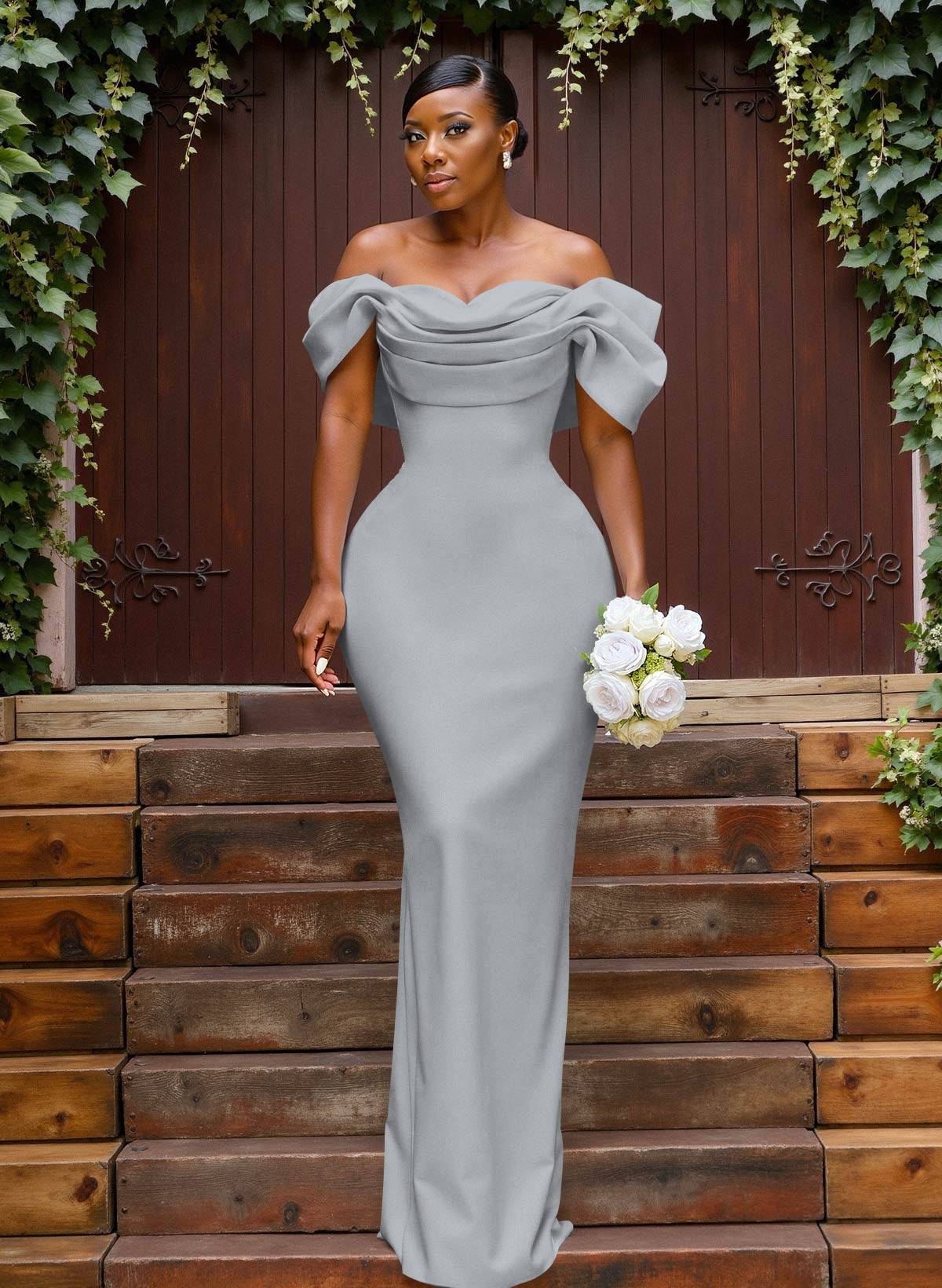 Sheath/Column Off-The-Shoulder Sleeveless Floor-Length Elastic Satin Bridesmaid Dresses With Bow/Pleated, product image 24