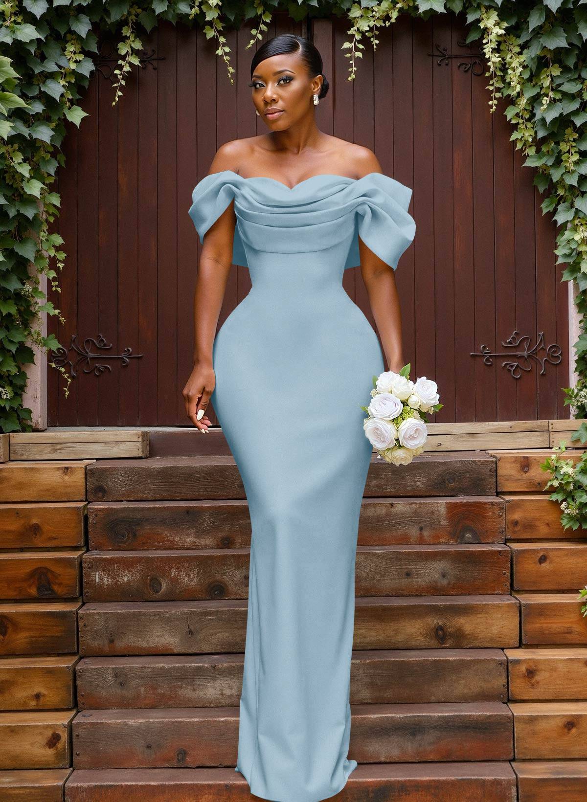 Sheath/Column Off-The-Shoulder Sleeveless Floor-Length Elastic Satin Bridesmaid Dresses With Bow/Pleated, product image 14