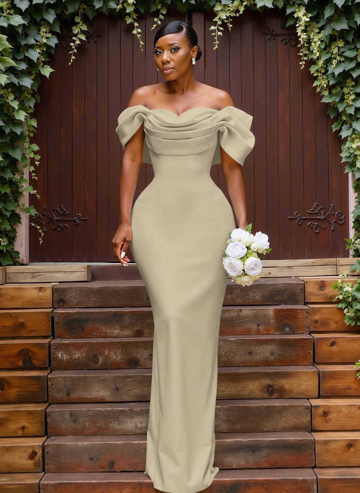 Sheath/Column Off-The-Shoulder Sleeveless Floor-Length Elastic Satin Bridesmaid Dresses With Bow/Pleated, product image 66