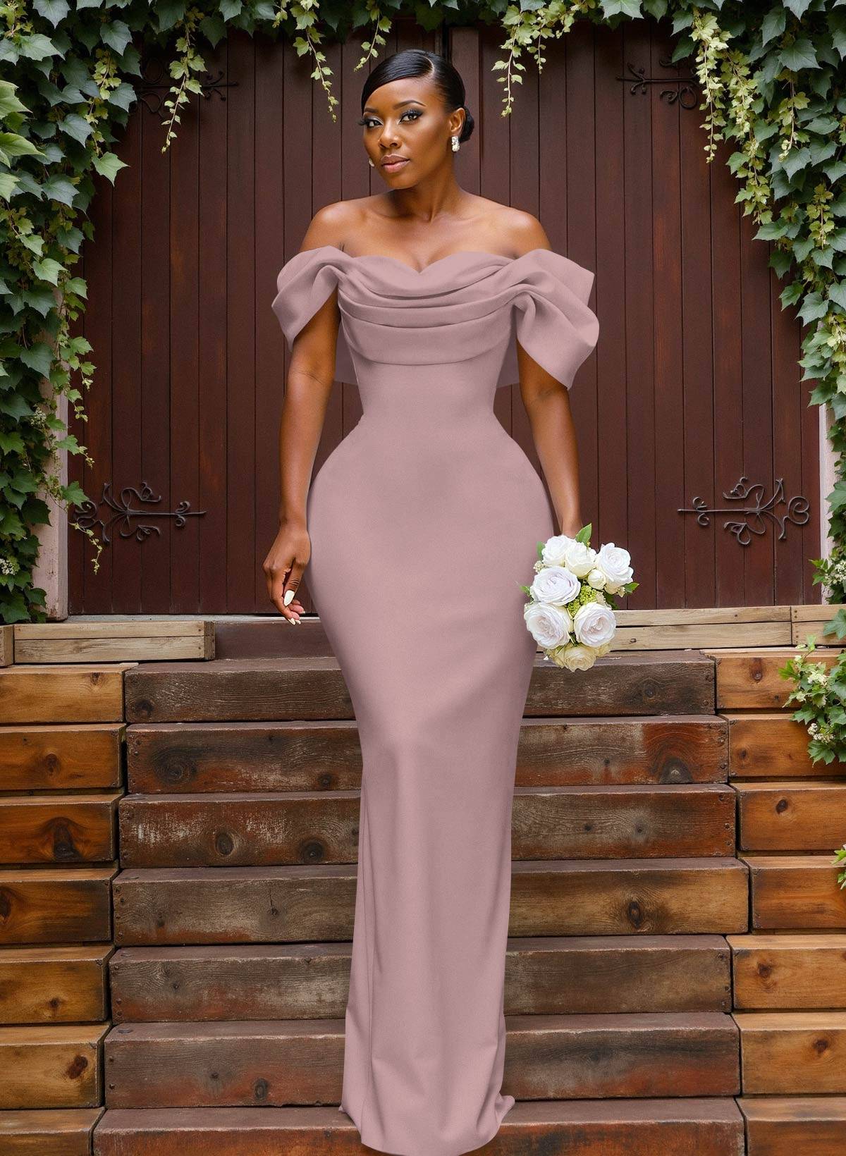 Sheath/Column Off-The-Shoulder Sleeveless Floor-Length Elastic Satin Bridesmaid Dresses With Bow/Pleated, product image 46