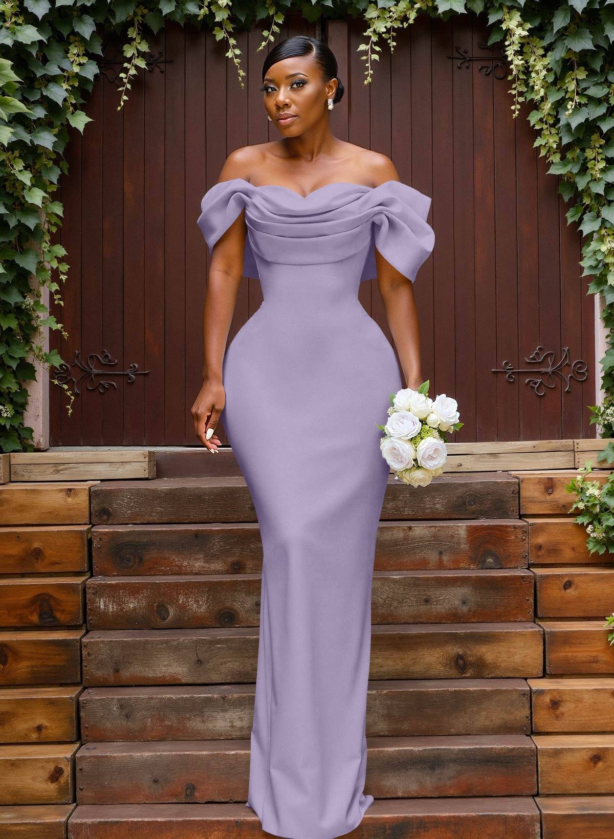 Sheath/Column Off-The-Shoulder Sleeveless Floor-Length Elastic Satin Bridesmaid Dresses With Bow/Pleated, product image 40