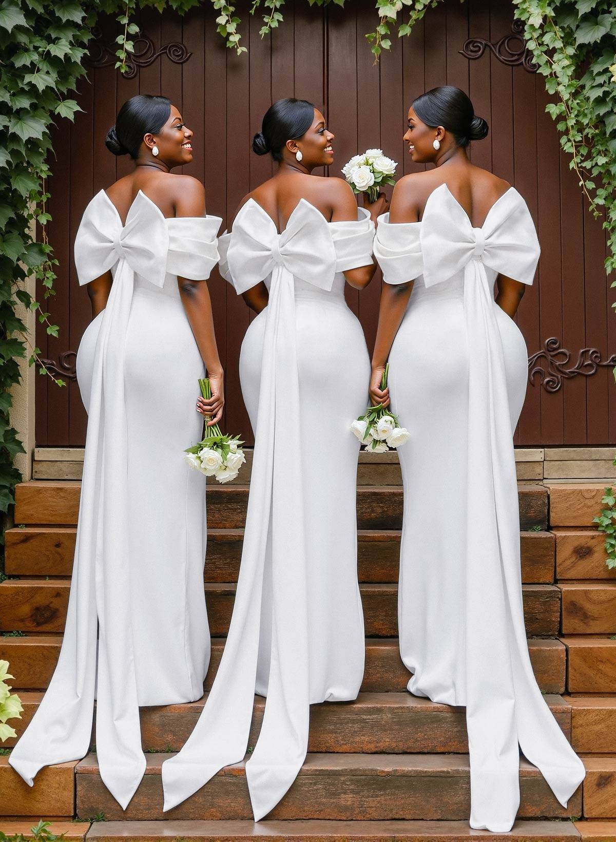 Sheath/Column Off-The-Shoulder Sleeveless Floor-Length Elastic Satin Bridesmaid Dresses With Bow/Pleated, product image 3