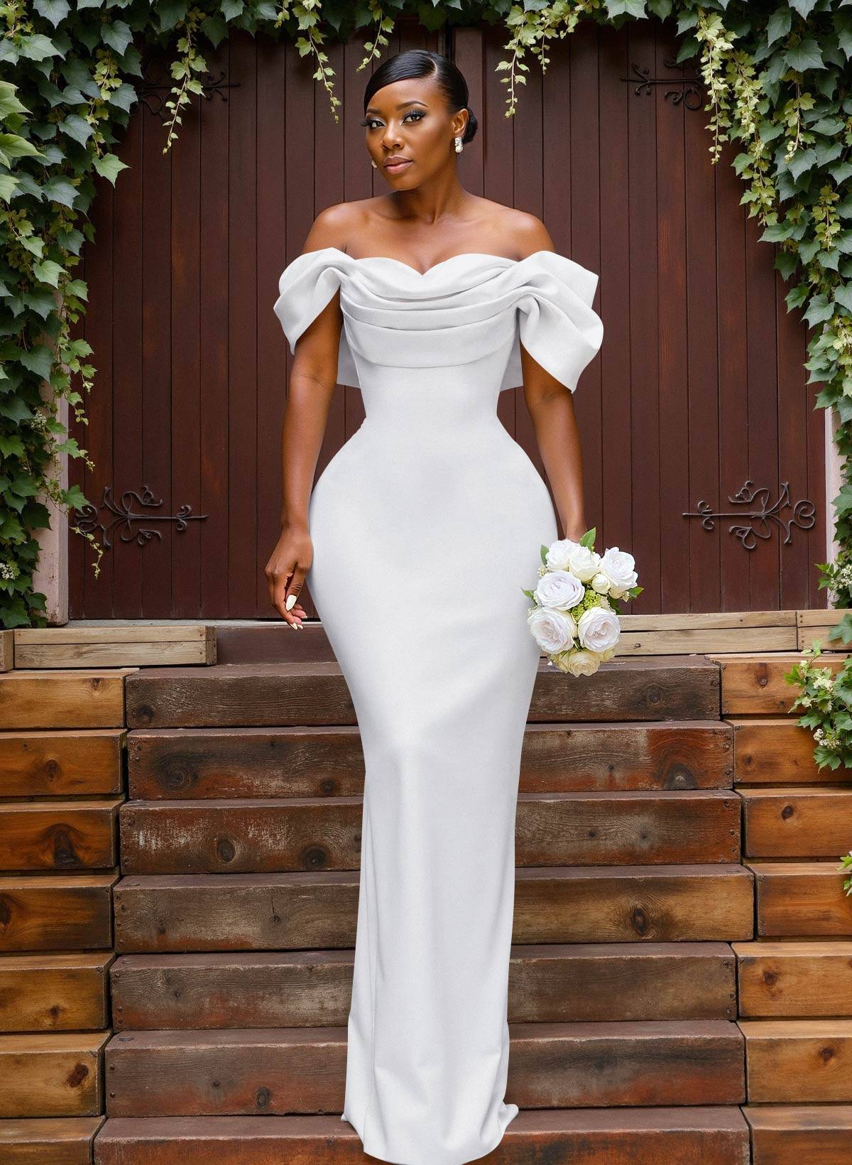 Sheath/Column Off-The-Shoulder Sleeveless Floor-Length Elastic Satin Bridesmaid Dresses With Bow/Pleated, product image 2
