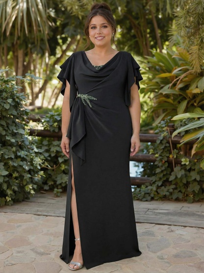 Sheath/Column Illusion Neck Cape Sleeves Floor-Length Elastic Satin Mother Of The Bride Dresses, product image 4