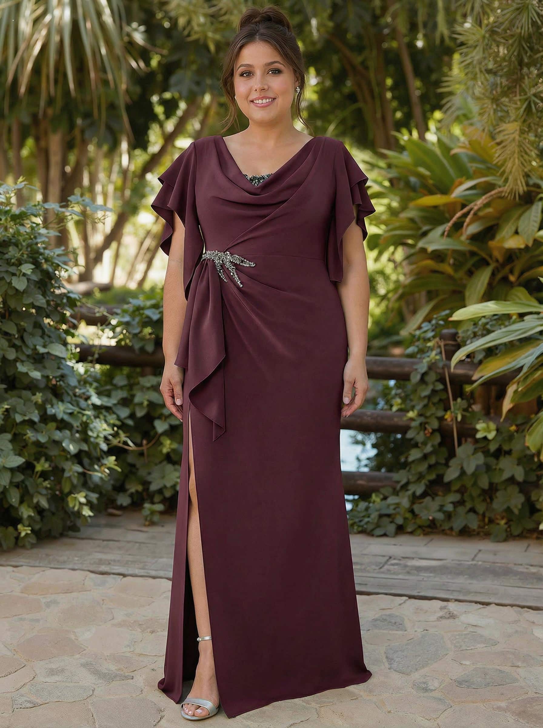 Sheath/Column Illusion Neck Cape Sleeves Floor-Length Elastic Satin Mother Of The Bride Dresses, product image 24