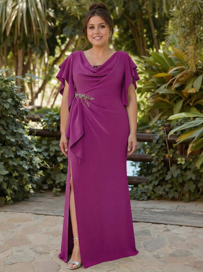 Sheath/Column Illusion Neck Cape Sleeves Floor-Length Elastic Satin Mother Of The Bride Dresses, product image 14