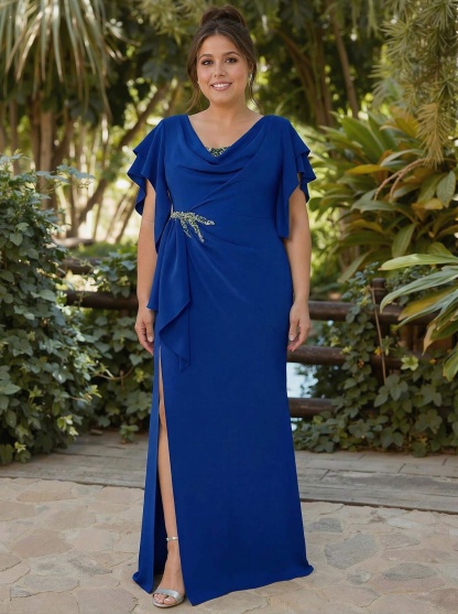 Sheath/Column Illusion Neck Cape Sleeves Floor-Length Elastic Satin Mother Of The Bride Dresses, product image 7