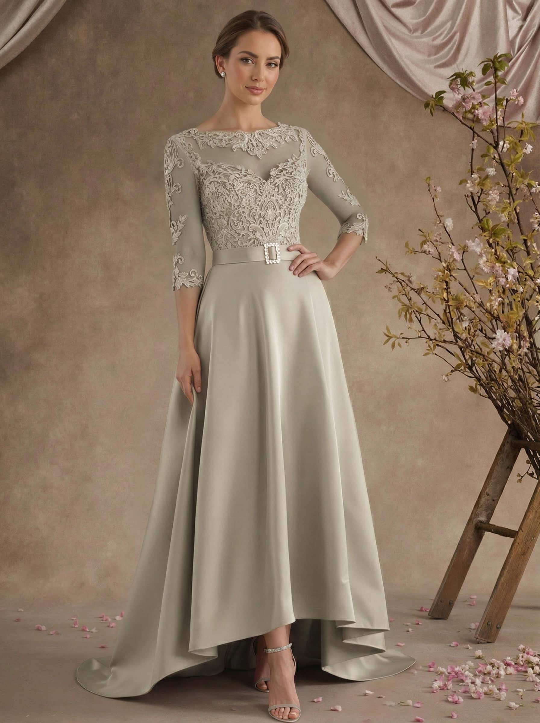 A-Line Illusion Neck 3/4 Sleeves Asymmetrical Mother Of The Bride Dresses With Appliques Lace/Sash