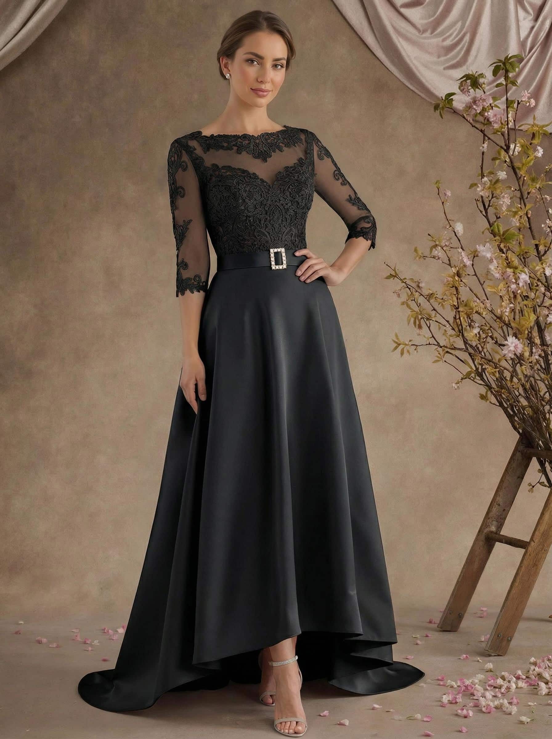 A-Line Illusion Neck 3/4 Sleeves Asymmetrical Mother Of The Bride Dresses With Appliques Lace/Sash